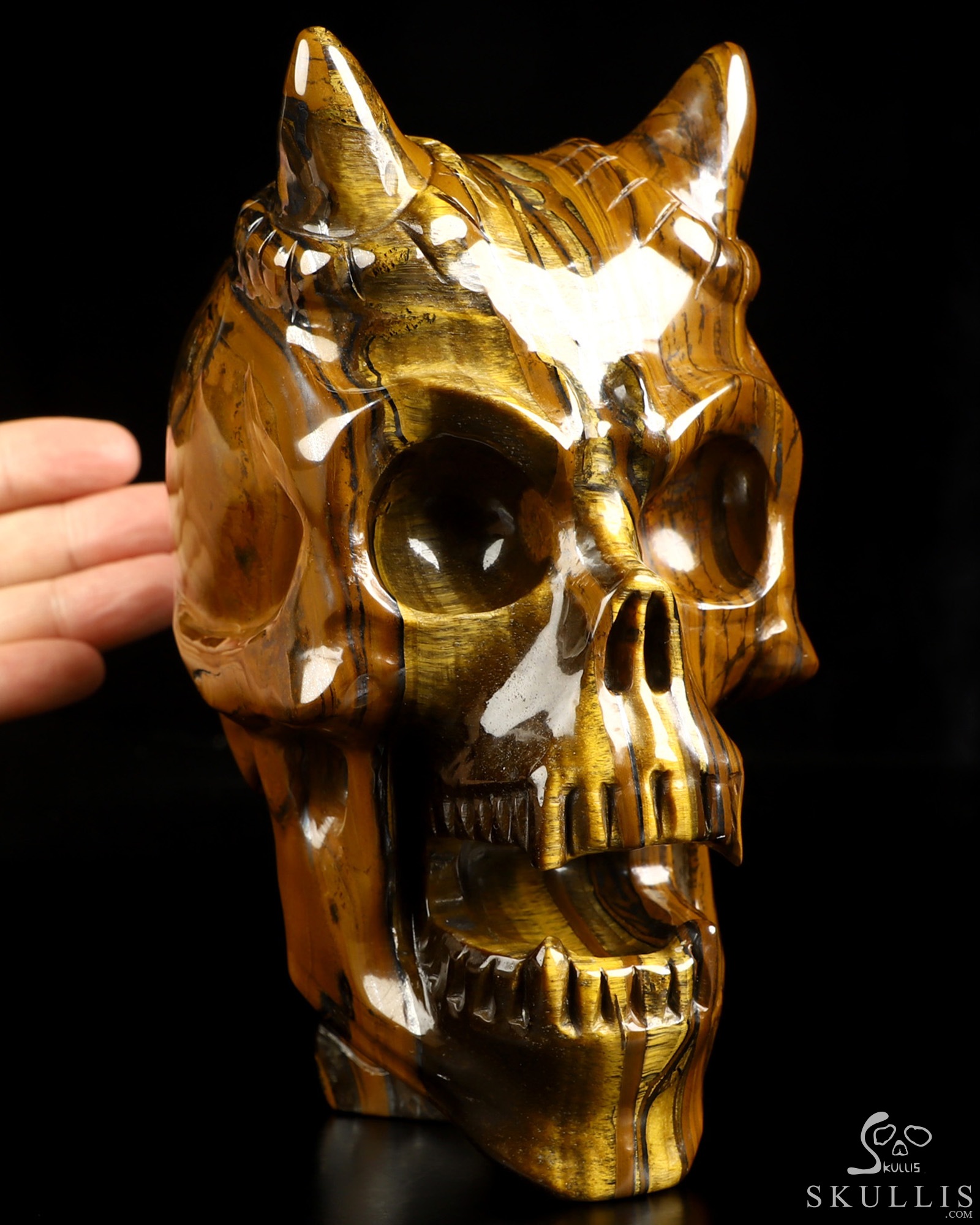 Ring-Base Horned Skull - 6.7" Tiger Iron Eye Hand Carved Crystal Skull Fine Art Sculpture, Crystal Healing Ring-Base Horned Skull - 6.7" Tiger Iron Eye Hand Carved Crystal Skull Fine Art Sculpture, Crystal Healing