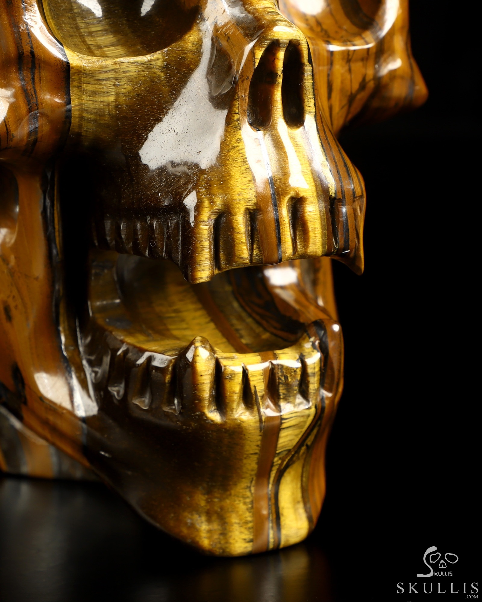 Ring-Base Horned Skull - 6.7" Tiger Iron Eye Hand Carved Crystal Skull Fine Art Sculpture, Crystal Healing Ring-Base Horned Skull - 6.7" Tiger Iron Eye Hand Carved Crystal Skull Fine Art Sculpture, Crystal Healing