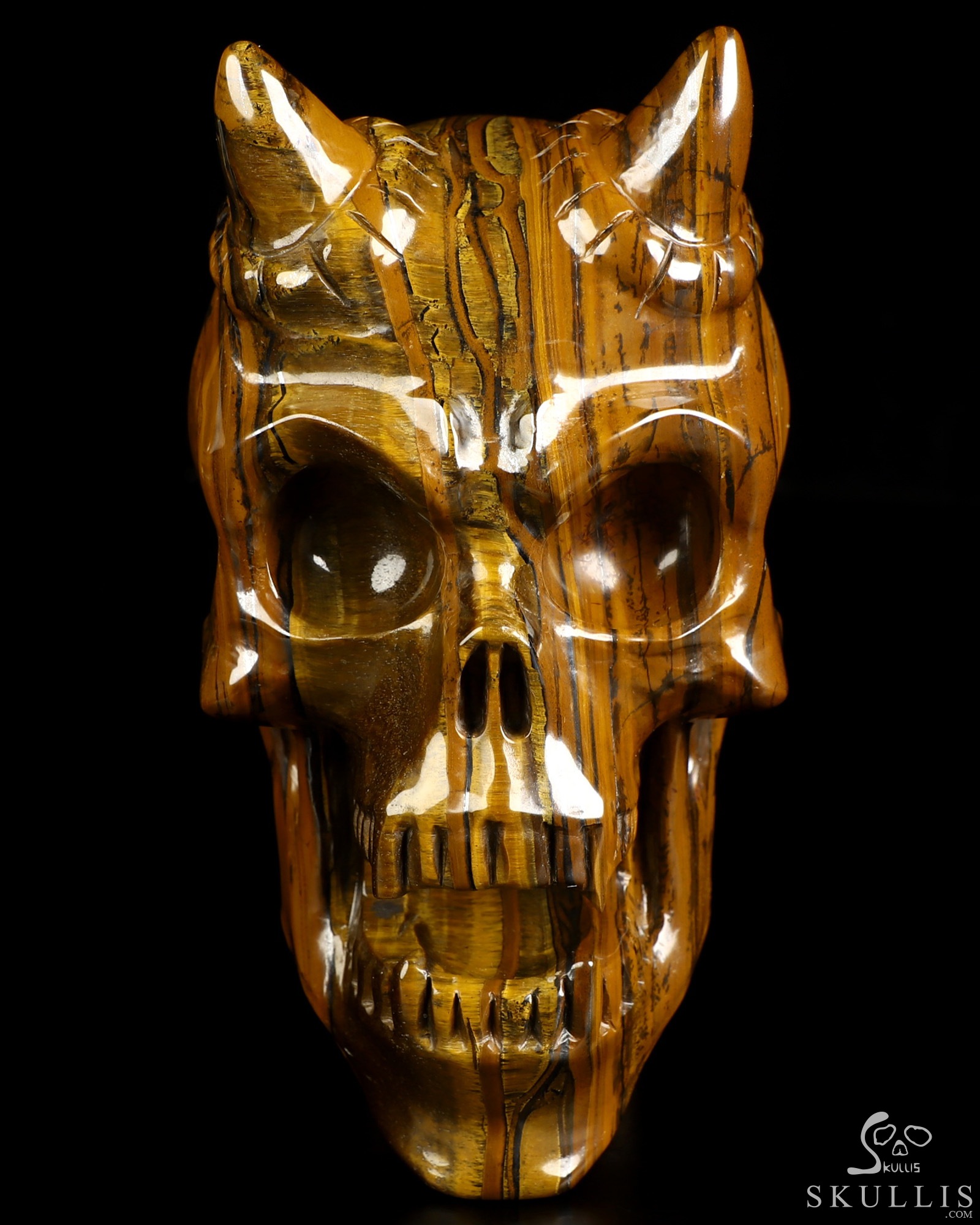 Ring-Base Horned Skull - 6.7" Tiger Iron Eye Hand Carved Crystal Skull Fine Art Sculpture, Crystal Healing Ring-Base Horned Skull - 6.7" Tiger Iron Eye Hand Carved Crystal Skull Fine Art Sculpture, Crystal Healing