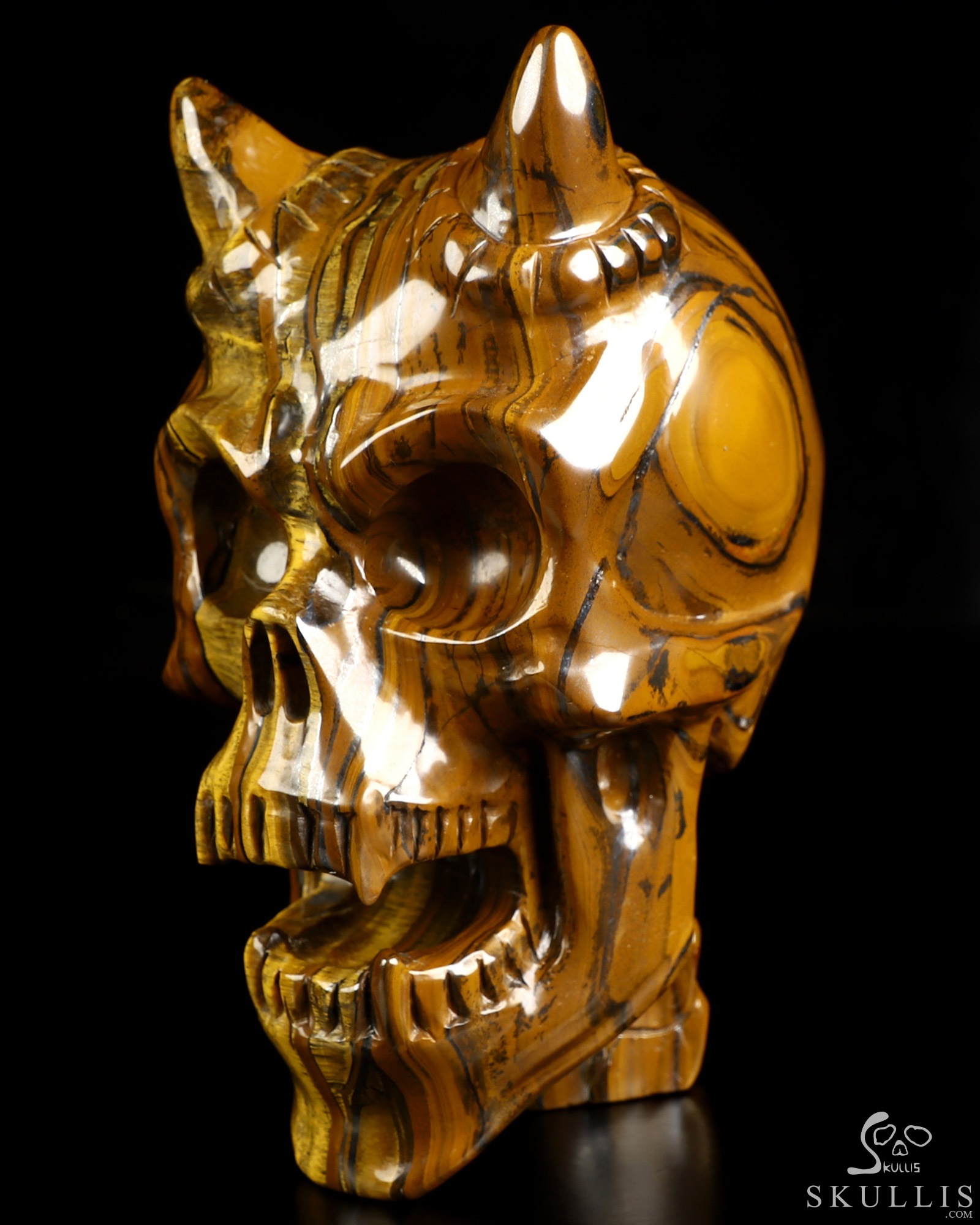 Ring-Base Horned Skull - 6.7" Tiger Iron Eye Hand Carved Crystal Skull Fine Art Sculpture, Crystal Healing Ring-Base Horned Skull - 6.7" Tiger Iron Eye Hand Carved Crystal Skull Fine Art Sculpture, Crystal Healing
