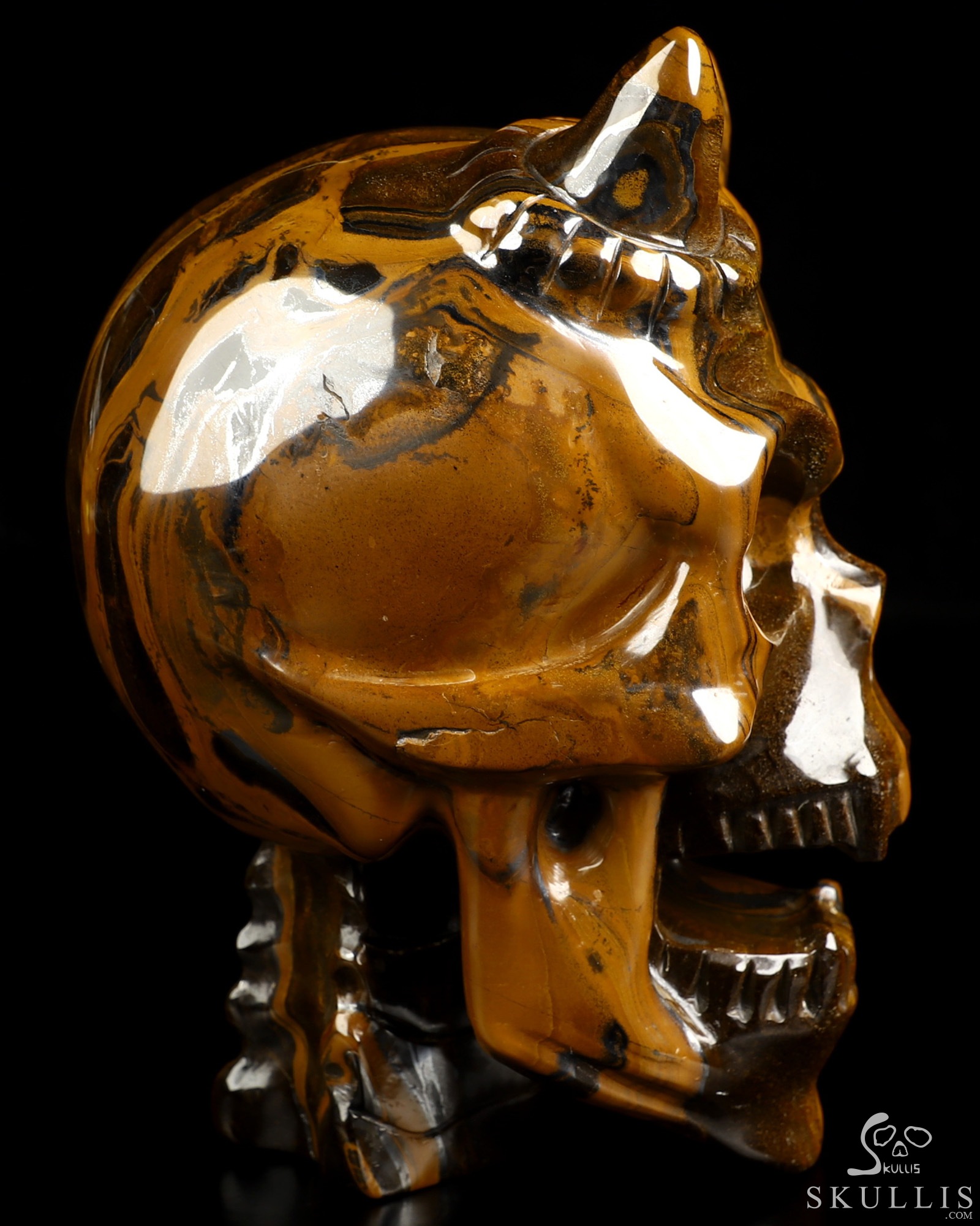 Ring-Base Horned Skull - 6.7" Tiger Iron Eye Hand Carved Crystal Skull Fine Art Sculpture, Crystal Healing Ring-Base Horned Skull - 6.7" Tiger Iron Eye Hand Carved Crystal Skull Fine Art Sculpture, Crystal Healing