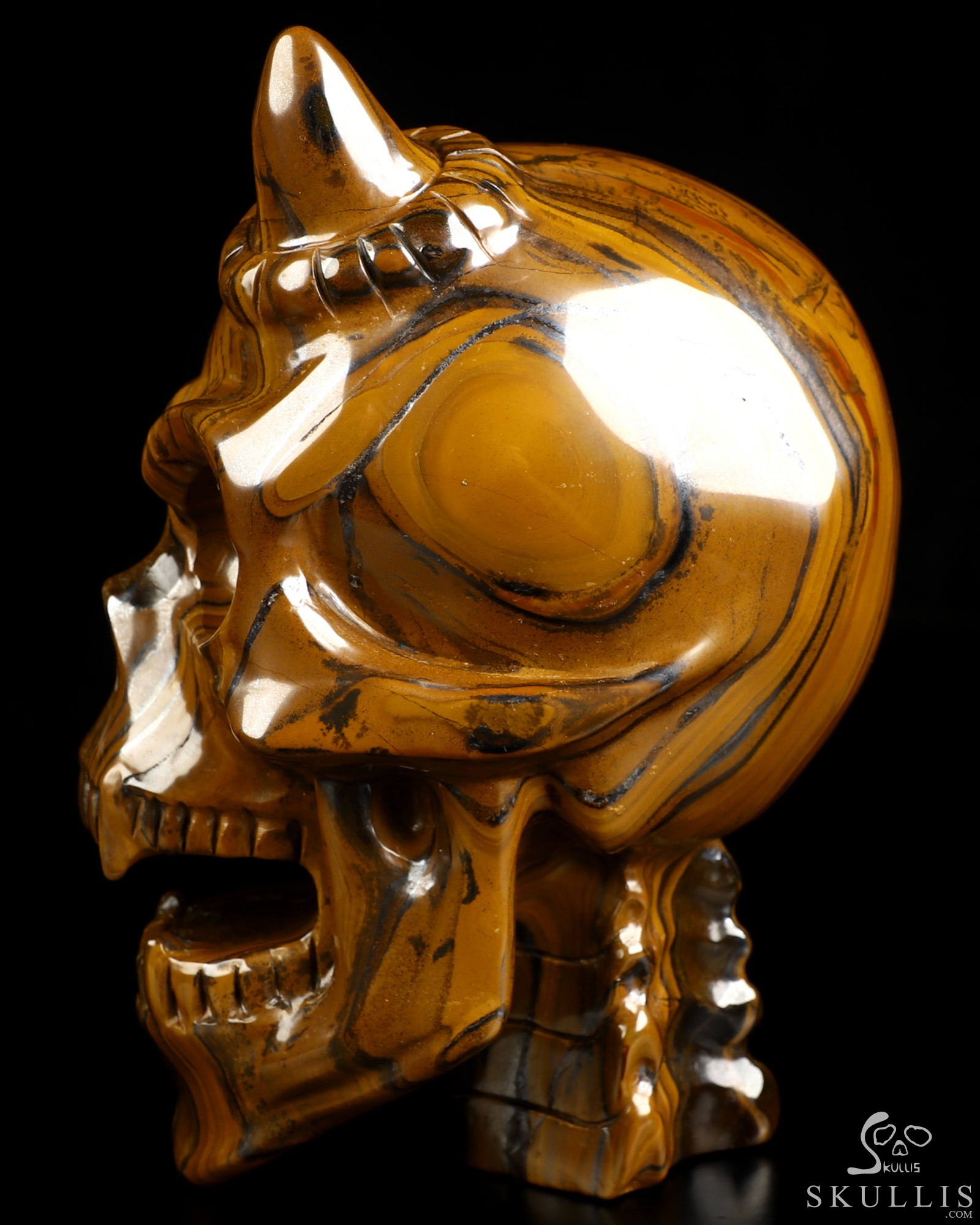 Ring-Base Horned Skull - 6.7" Tiger Iron Eye Hand Carved Crystal Skull Fine Art Sculpture, Crystal Healing Ring-Base Horned Skull - 6.7" Tiger Iron Eye Hand Carved Crystal Skull Fine Art Sculpture, Crystal Healing