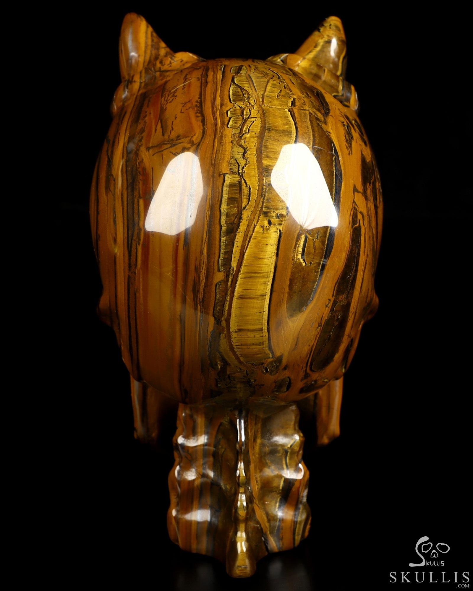 Ring-Base Horned Skull - 6.7" Tiger Iron Eye Hand Carved Crystal Skull Fine Art Sculpture, Crystal Healing Ring-Base Horned Skull - 6.7" Tiger Iron Eye Hand Carved Crystal Skull Fine Art Sculpture, Crystal Healing