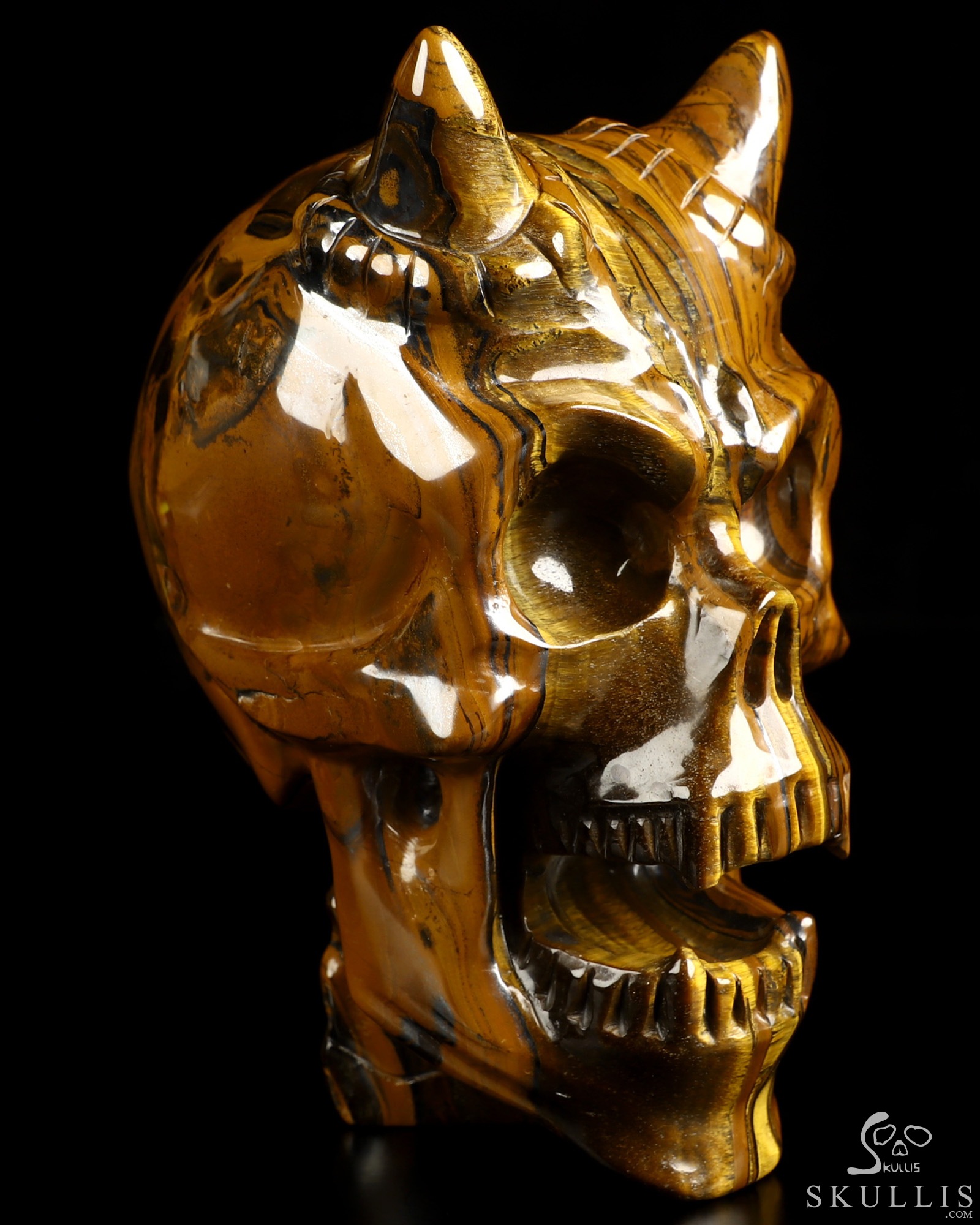 Ring-Base Horned Skull - 6.7" Tiger Iron Eye Hand Carved Crystal Skull Fine Art Sculpture, Crystal Healing Ring-Base Horned Skull - 6.7" Tiger Iron Eye Hand Carved Crystal Skull Fine Art Sculpture, Crystal Healing