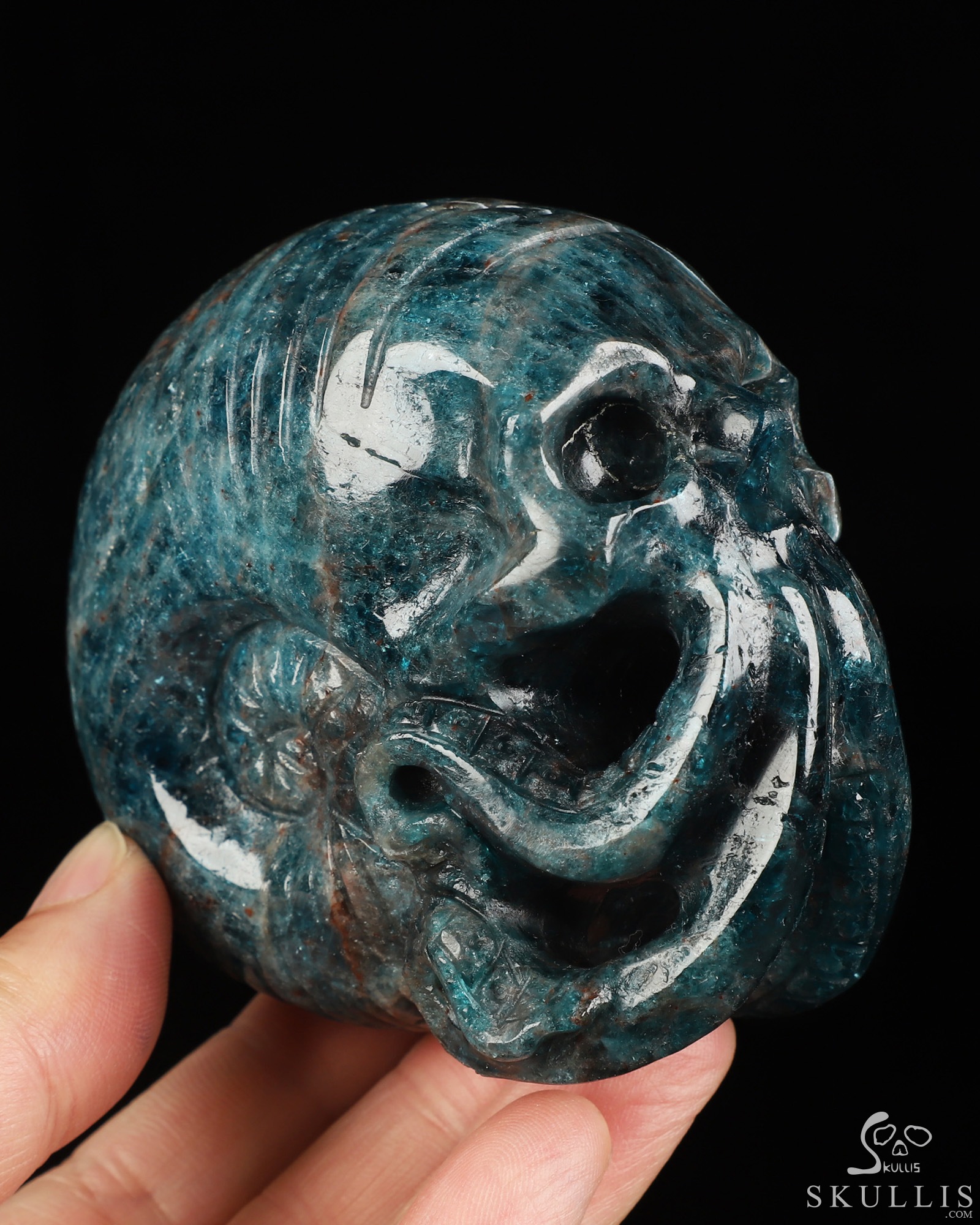 3.5" Blue Apatite Hand Carved Nautiloid Cthulhu Crystal Skull Sculpture, Crystal Healing 3.5" Blue Apatite Hand Carved Nautiloid Cthulhu Crystal Skull Sculpture, Crystal Healing