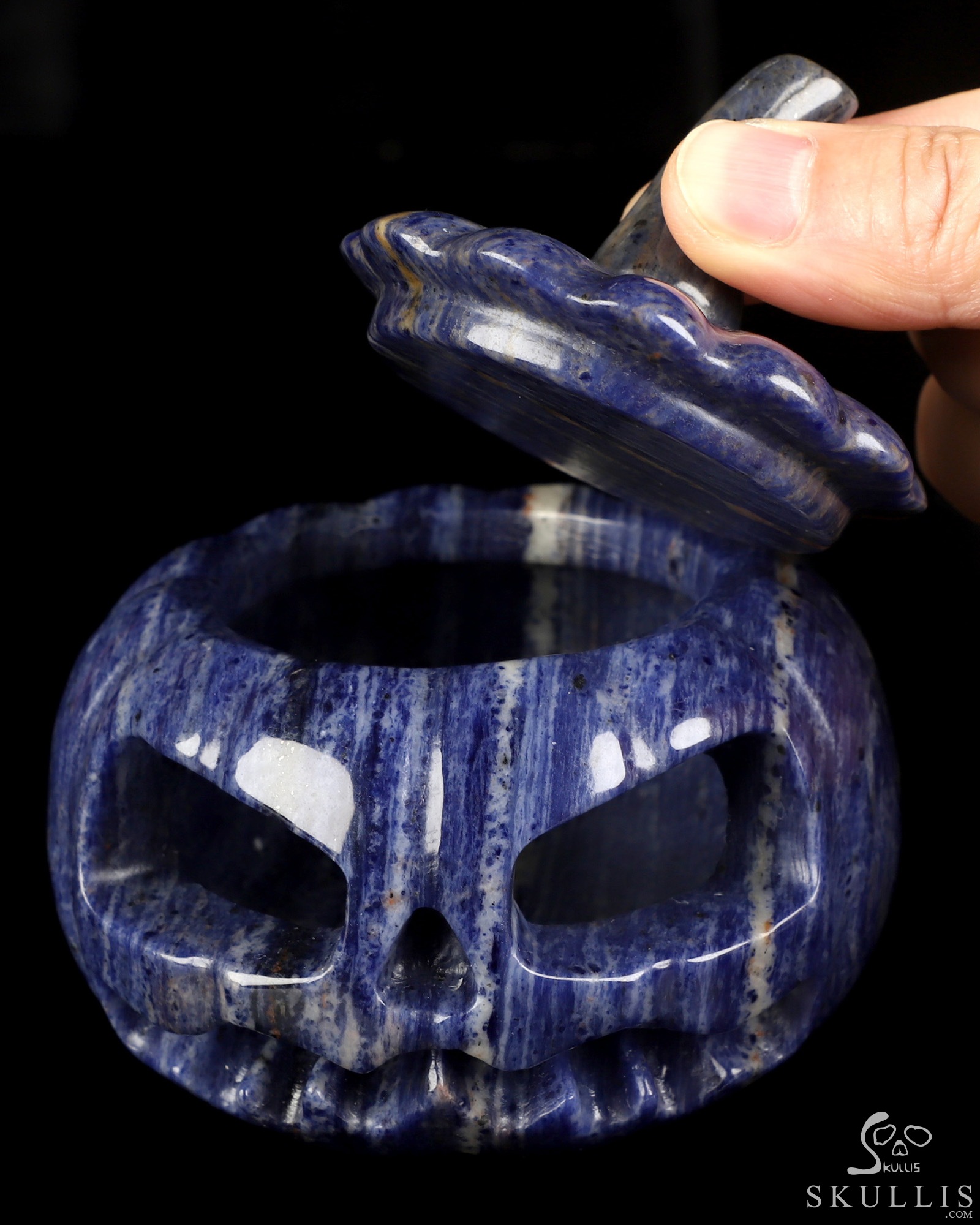 4.1" Sodalite Hand Carved Hollow Pumpkin Crystal Skull Sculpture, Crystal Healing 4.1" Sodalite Hand Carved Hollow Pumpkin Crystal Skull Sculpture, Crystal Healing