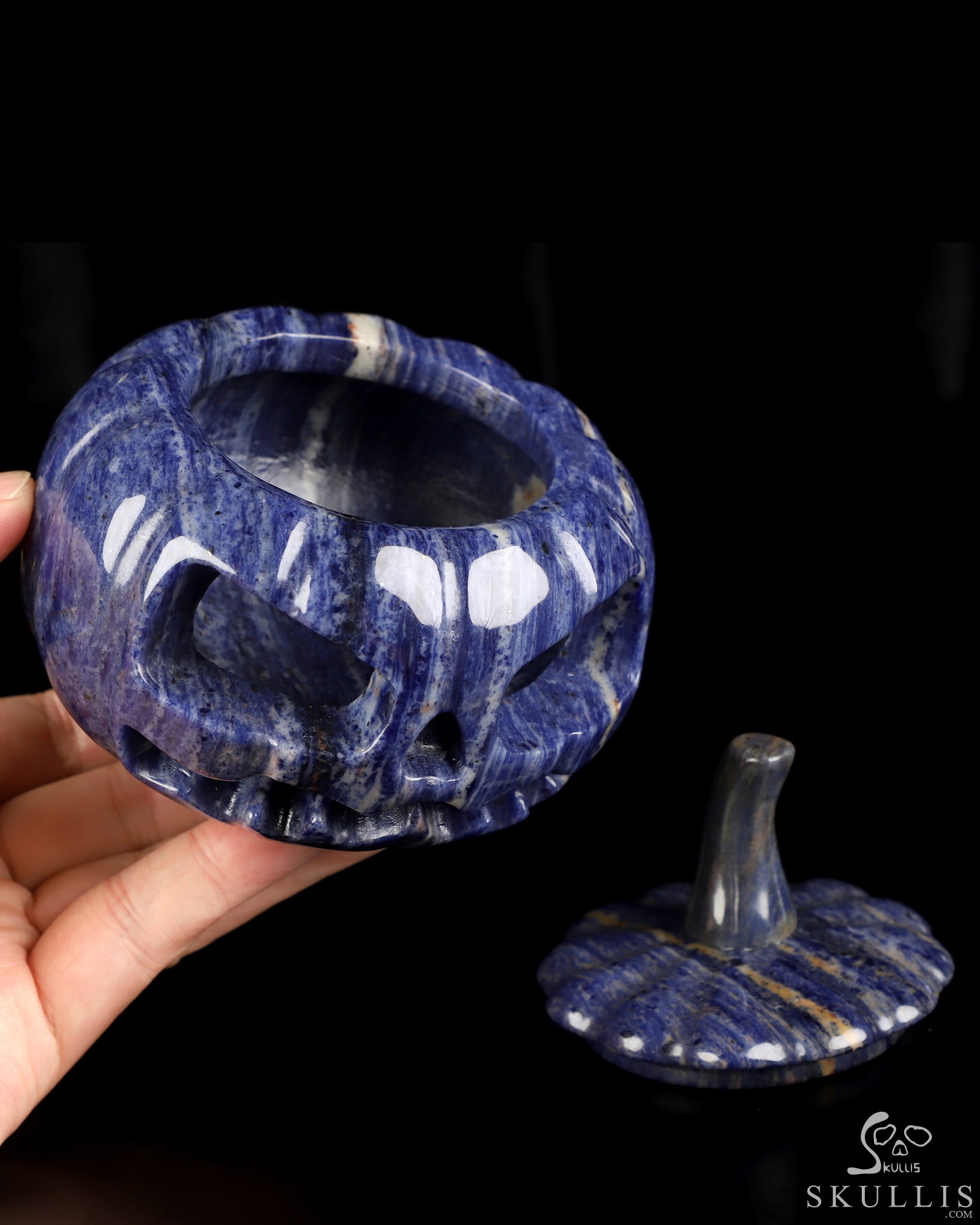 4.1" Sodalite Hand Carved Hollow Pumpkin Crystal Skull Sculpture, Crystal Healing 4.1" Sodalite Hand Carved Hollow Pumpkin Crystal Skull Sculpture, Crystal Healing