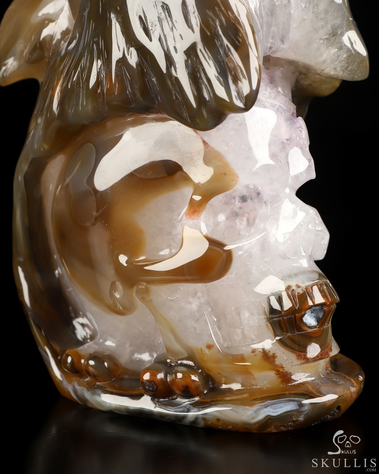 7.8" Premium Brazilian Agate Hand Carved Crystal Skull and Wolf Fine Art Sculpture, Crystal Healing 7.8" Premium Brazilian Agate Hand Carved Crystal Skull and Wolf Fine Art Sculpture, Crystal Healing