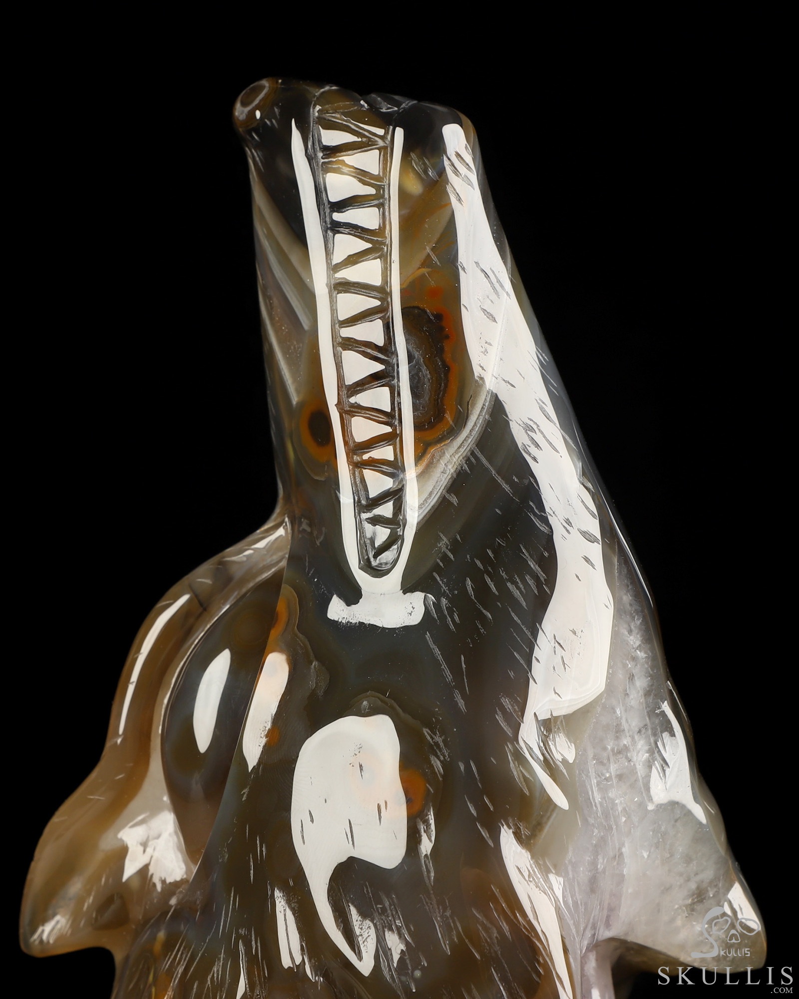 7.8" Premium Brazilian Agate Hand Carved Crystal Skull and Wolf Fine Art Sculpture, Crystal Healing 7.8" Premium Brazilian Agate Hand Carved Crystal Skull and Wolf Fine Art Sculpture, Crystal Healing