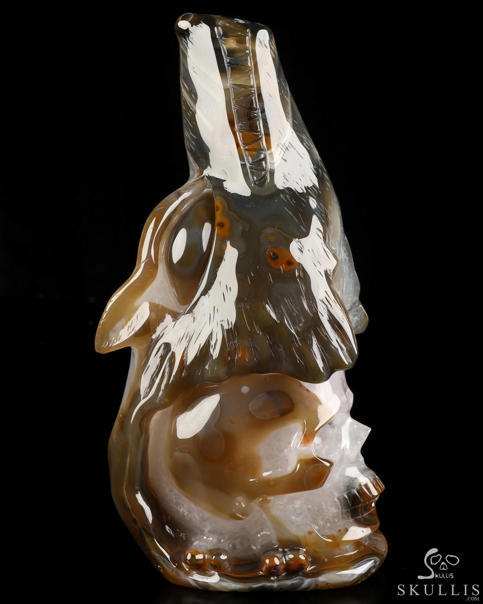 7.8" Premium Brazilian Agate Hand Carved Crystal Skull and Wolf Fine Art Sculpture, Crystal Healing 7.8" Premium Brazilian Agate Hand Carved Crystal Skull and Wolf Fine Art Sculpture, Crystal Healing