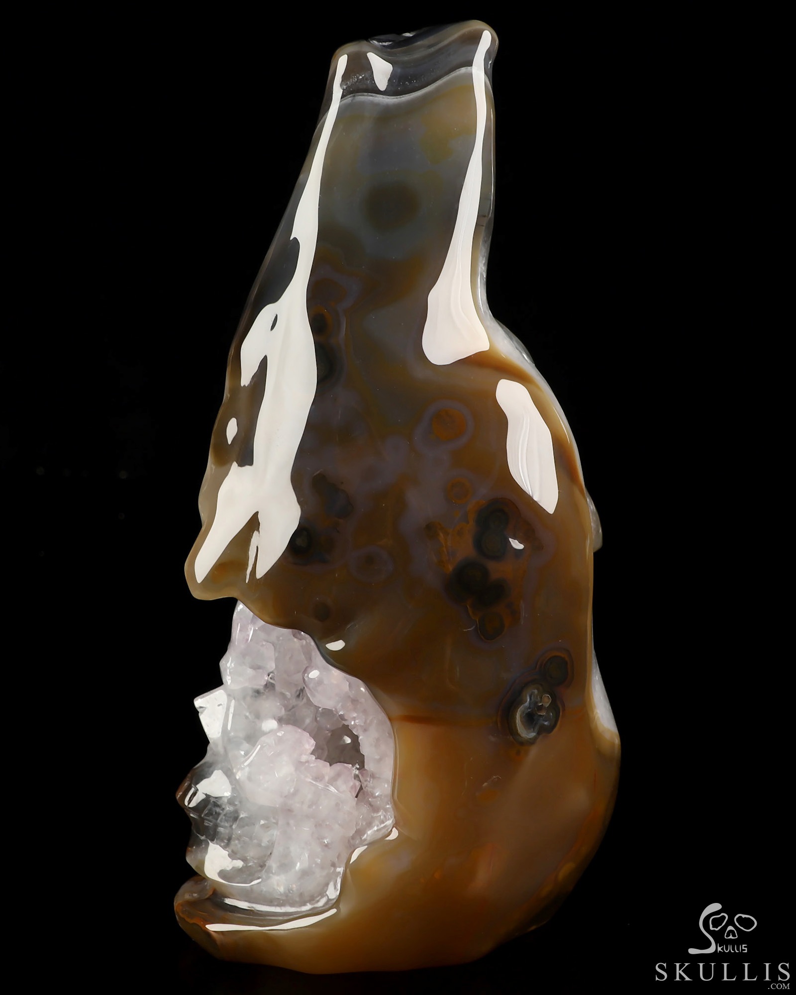 7.8" Premium Brazilian Agate Hand Carved Crystal Skull and Wolf Fine Art Sculpture, Crystal Healing 7.8" Premium Brazilian Agate Hand Carved Crystal Skull and Wolf Fine Art Sculpture, Crystal Healing