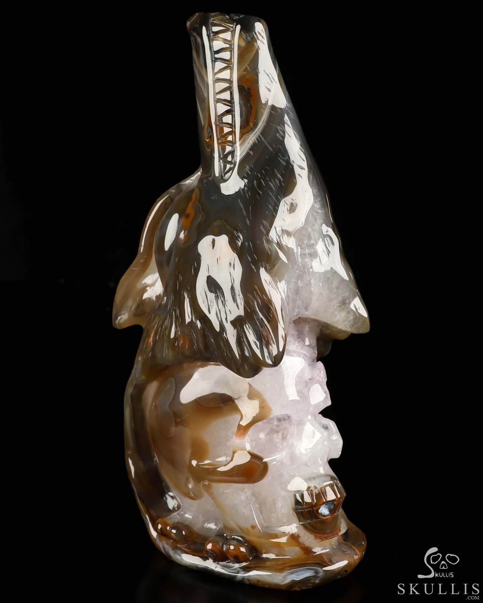7.8" Premium Brazilian Agate Hand Carved Crystal Skull and Wolf Fine Art Sculpture, Crystal Healing 7.8" Premium Brazilian Agate Hand Carved Crystal Skull and Wolf Fine Art Sculpture, Crystal Healing