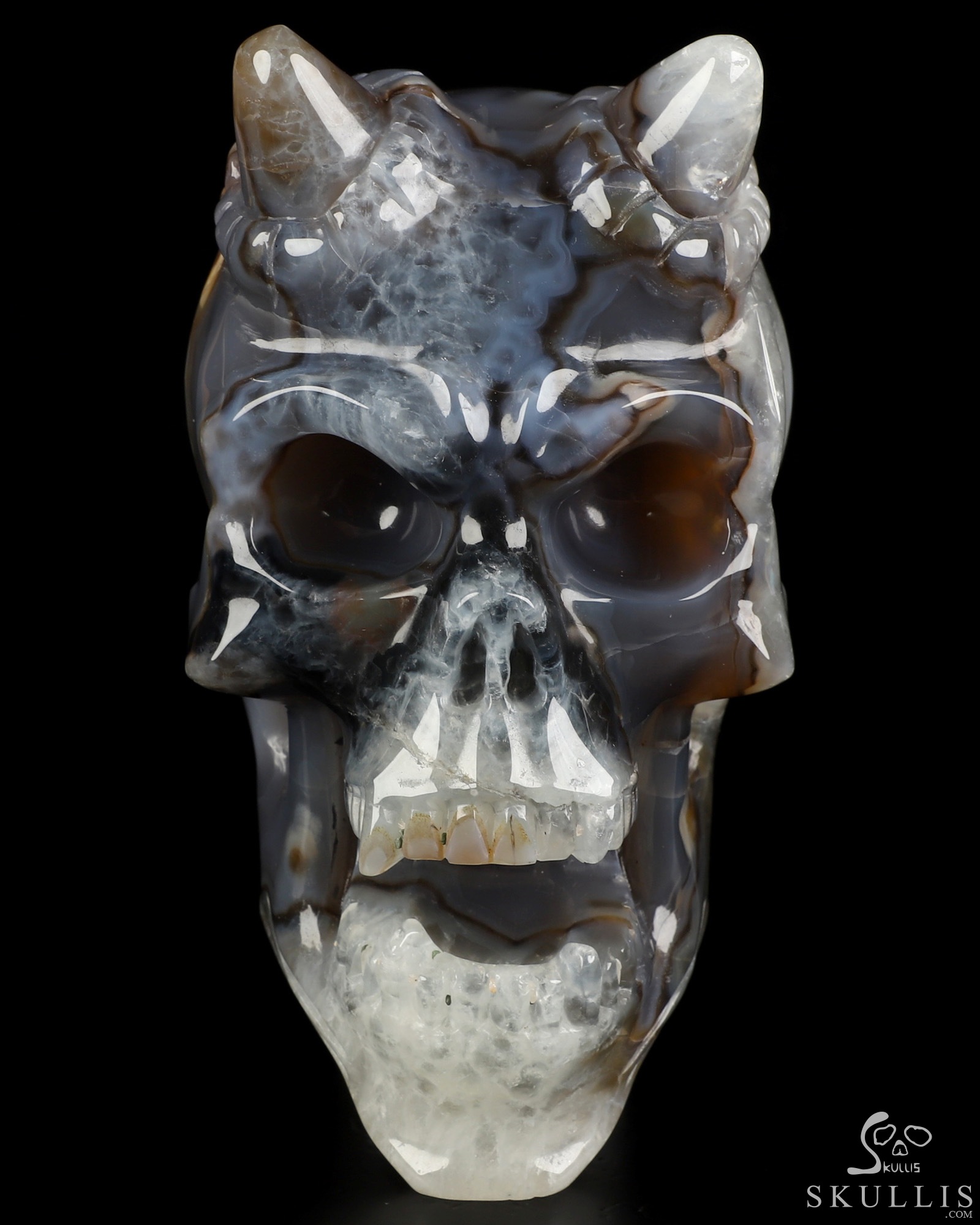 Ring-Base Horned Skull - 6.5" Premium Brazilian Agate Hand Carved Crystal Skull Sculpture, Crystal Healing Ring-Base Horned Skull - 6.5" Premium Brazilian Agate Hand Carved Crystal Skull Sculpture, Crystal Healing