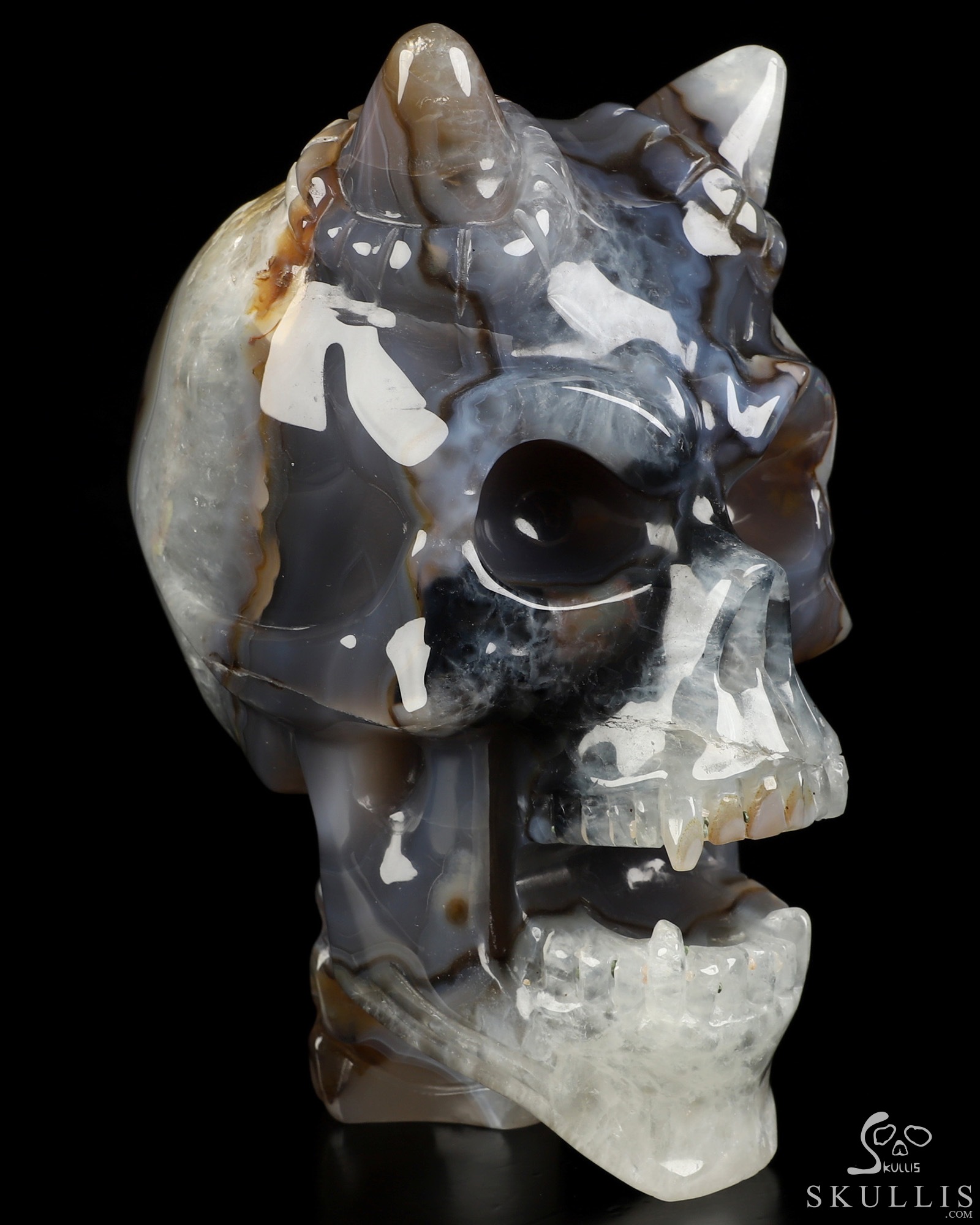 Ring-Base Horned Skull - 6.5" Premium Brazilian Agate Hand Carved Crystal Skull Sculpture, Crystal Healing Ring-Base Horned Skull - 6.5" Premium Brazilian Agate Hand Carved Crystal Skull Sculpture, Crystal Healing