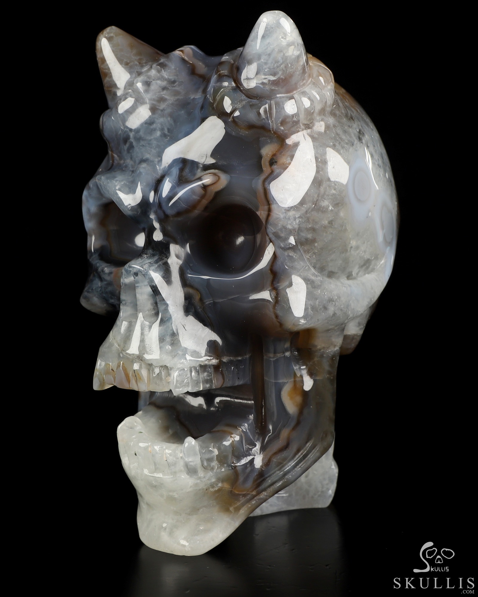Ring-Base Horned Skull - 6.5" Premium Brazilian Agate Hand Carved Crystal Skull Sculpture, Crystal Healing Ring-Base Horned Skull - 6.5" Premium Brazilian Agate Hand Carved Crystal Skull Sculpture, Crystal Healing
