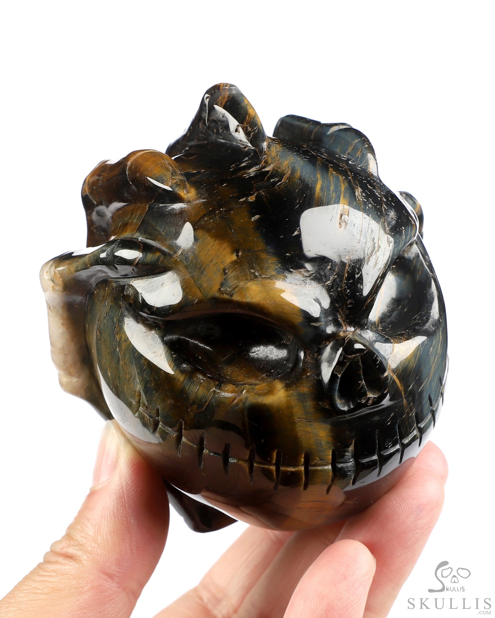 3.3" Blue & Gold Tiger's Eye Hand Carved Jack Crystal Skull Sculpture, Crystal Healing 3.3" Blue & Gold Tiger's Eye Hand Carved Jack Crystal Skull Sculpture, Crystal Healing