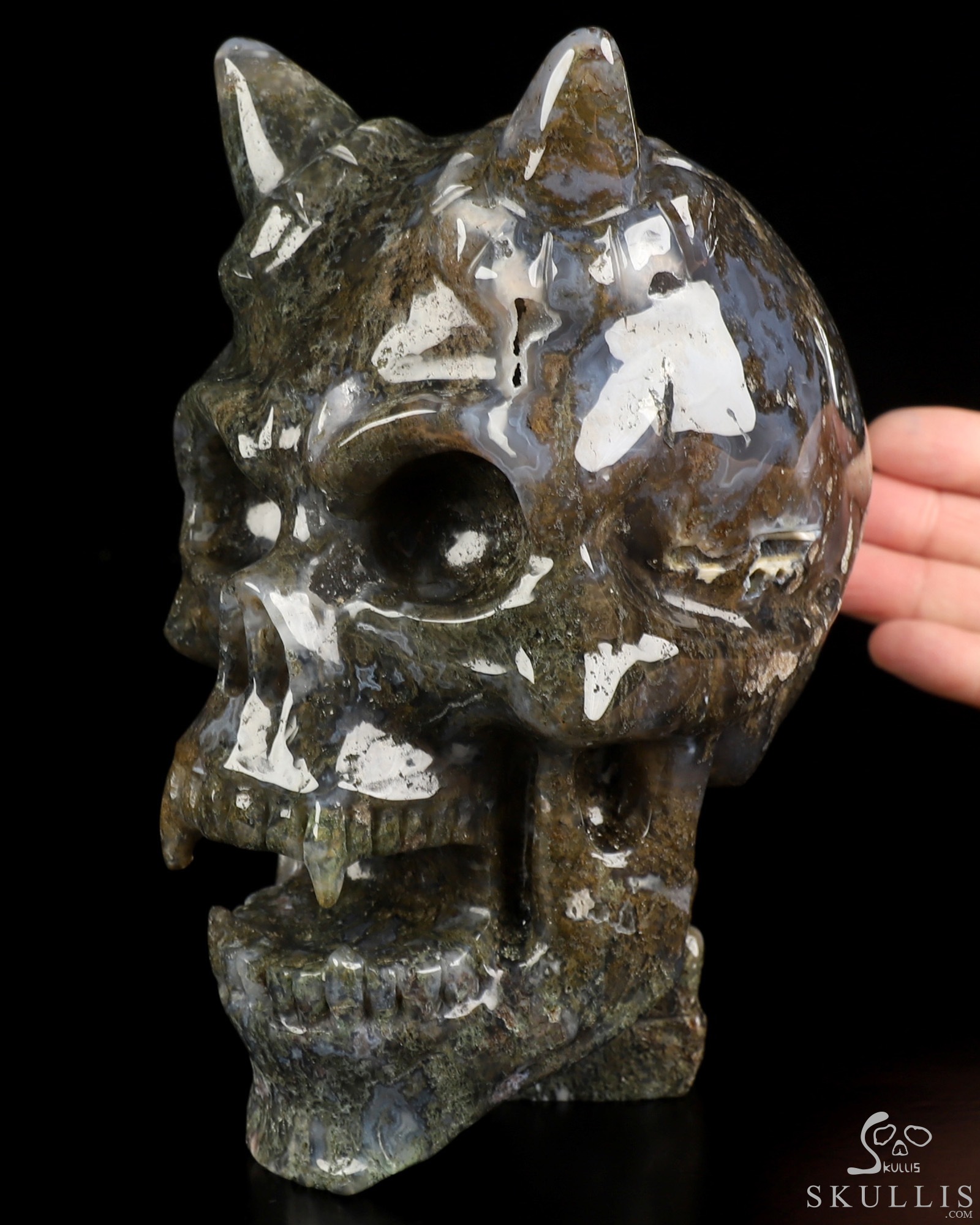 Ring-Base Horned Skull - 6.7" Green Moss Agate Hand Carved Crystal Skull Sculpture, Crystal Healing Ring-Base Horned Skull - 6.7" Green Moss Agate Hand Carved Crystal Skull Sculpture, Crystal Healing
