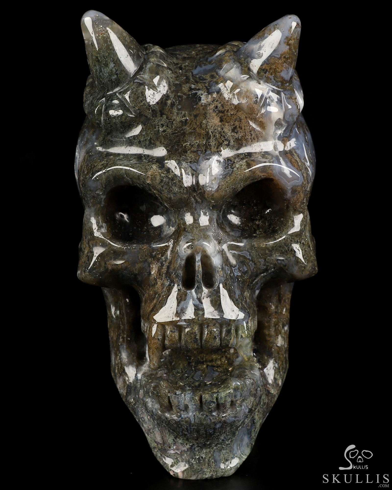 Ring-Base Horned Skull - 6.7" Green Moss Agate Hand Carved Crystal Skull Sculpture, Crystal Healing Ring-Base Horned Skull - 6.7" Green Moss Agate Hand Carved Crystal Skull Sculpture, Crystal Healing