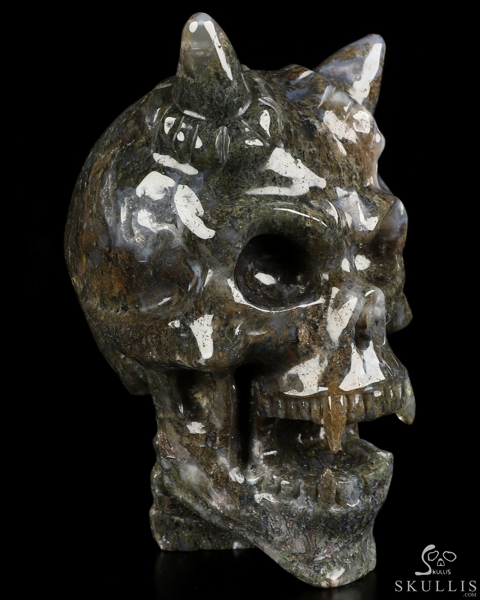 Ring-Base Horned Skull - 6.7" Green Moss Agate Hand Carved Crystal Skull Sculpture, Crystal Healing Ring-Base Horned Skull - 6.7" Green Moss Agate Hand Carved Crystal Skull Sculpture, Crystal Healing