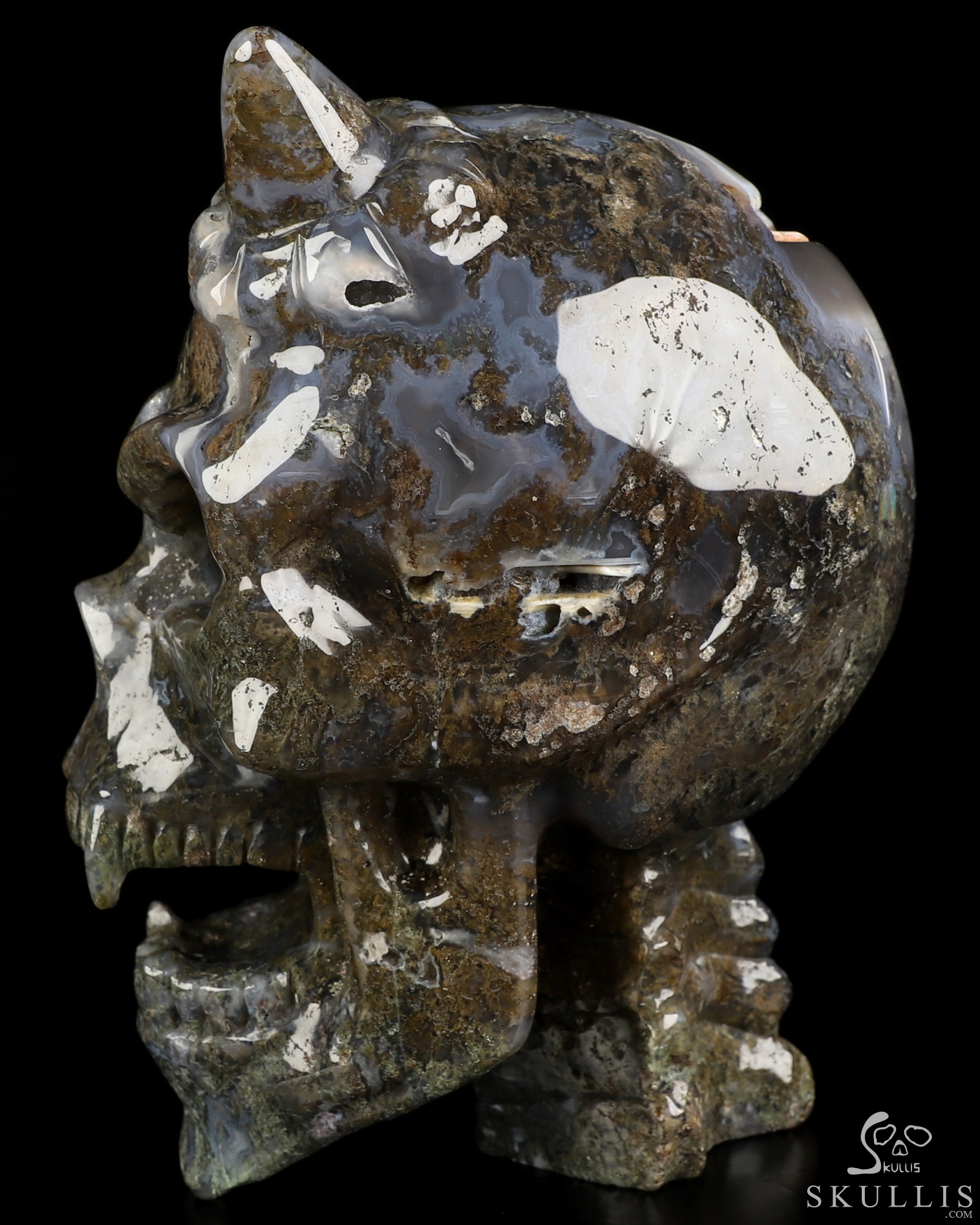 Ring-Base Horned Skull - 6.7" Green Moss Agate Hand Carved Crystal Skull Sculpture, Crystal Healing Ring-Base Horned Skull - 6.7" Green Moss Agate Hand Carved Crystal Skull Sculpture, Crystal Healing