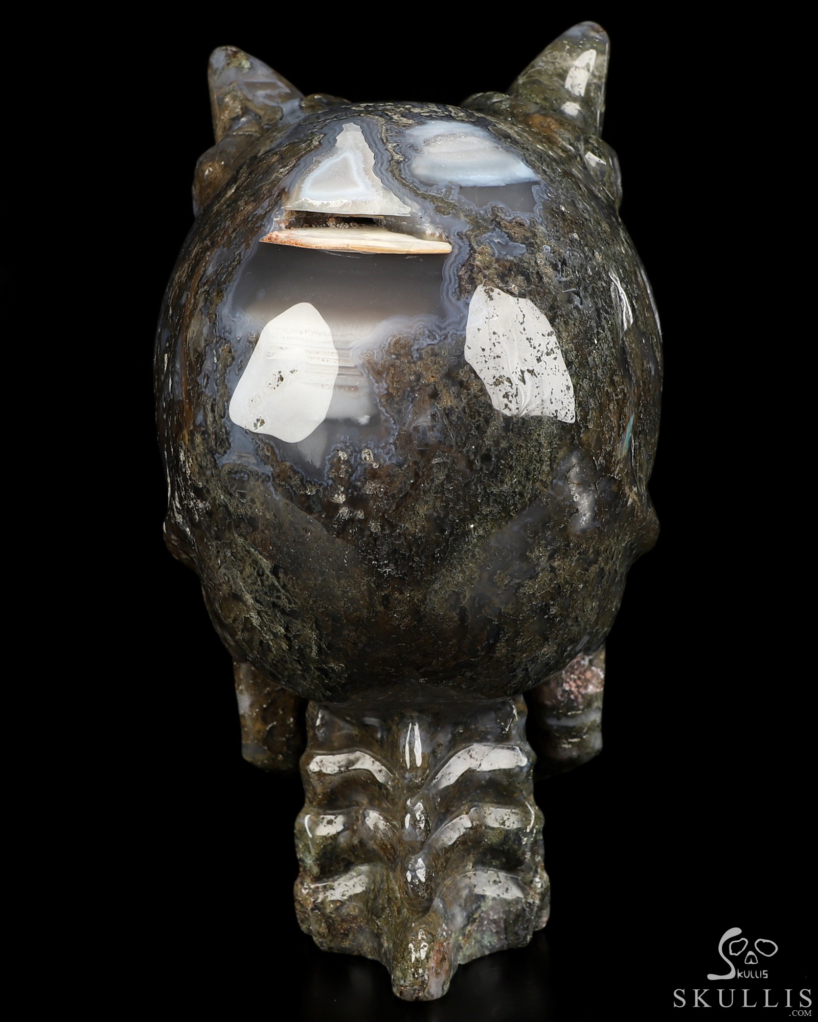 Ring-Base Horned Skull - 6.7" Green Moss Agate Hand Carved Crystal Skull Sculpture, Crystal Healing Ring-Base Horned Skull - 6.7" Green Moss Agate Hand Carved Crystal Skull Sculpture, Crystal Healing