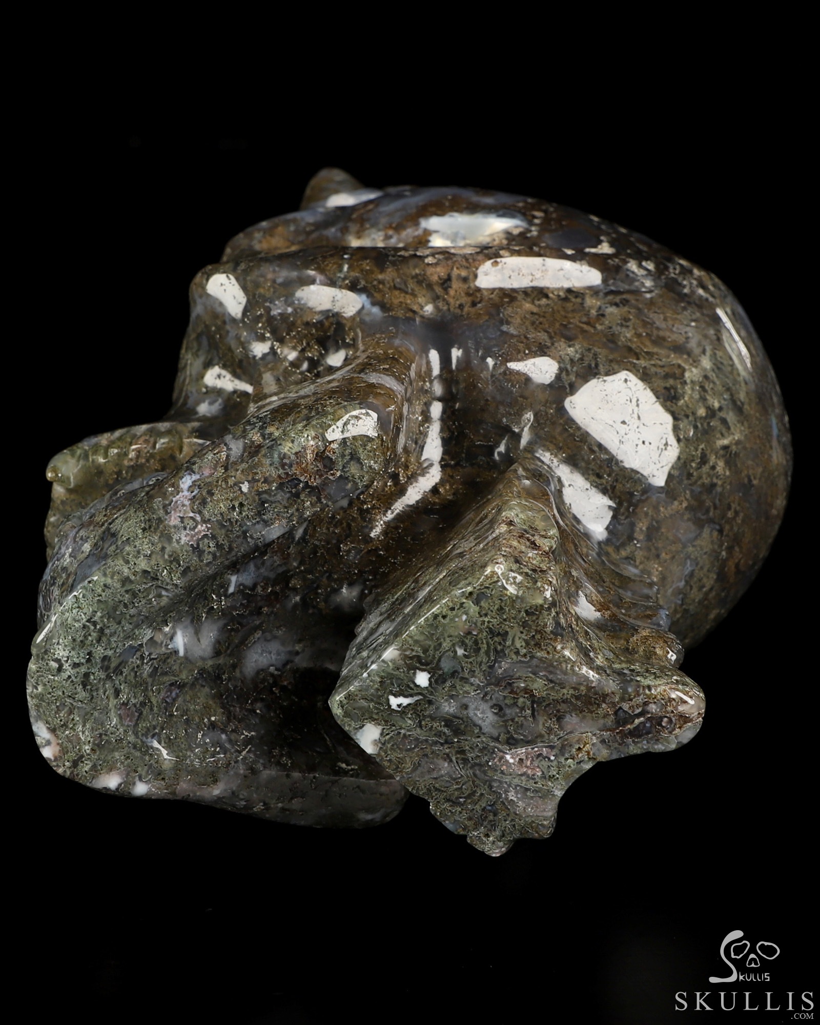 Ring-Base Horned Skull - 6.7" Green Moss Agate Hand Carved Crystal Skull Sculpture, Crystal Healing Ring-Base Horned Skull - 6.7" Green Moss Agate Hand Carved Crystal Skull Sculpture, Crystal Healing