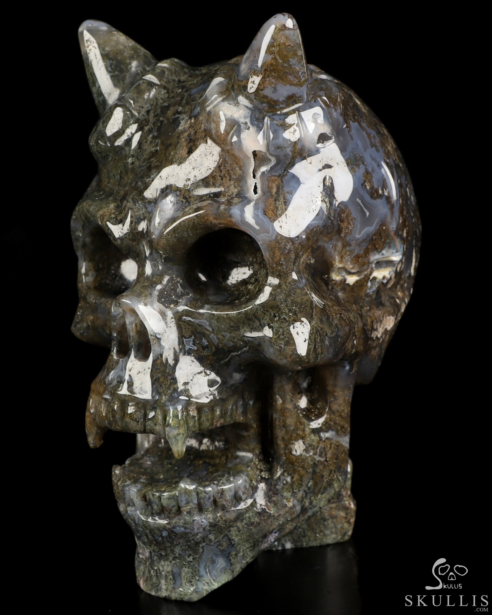 Ring-Base Horned Skull - 6.7" Green Moss Agate Hand Carved Crystal Skull Sculpture, Crystal Healing Ring-Base Horned Skull - 6.7" Green Moss Agate Hand Carved Crystal Skull Sculpture, Crystal Healing