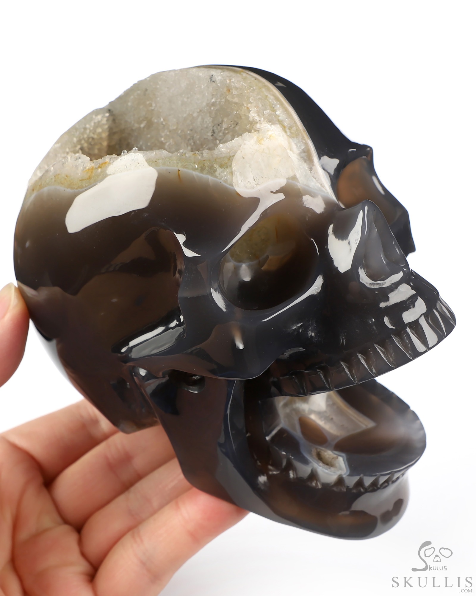 5.2" Agate Geode Hand Carved Laughing Crystal Skull Sculpture, Crystal Healing 5.2" Agate Geode Hand Carved Laughing Crystal Skull Sculpture, Crystal Healing
