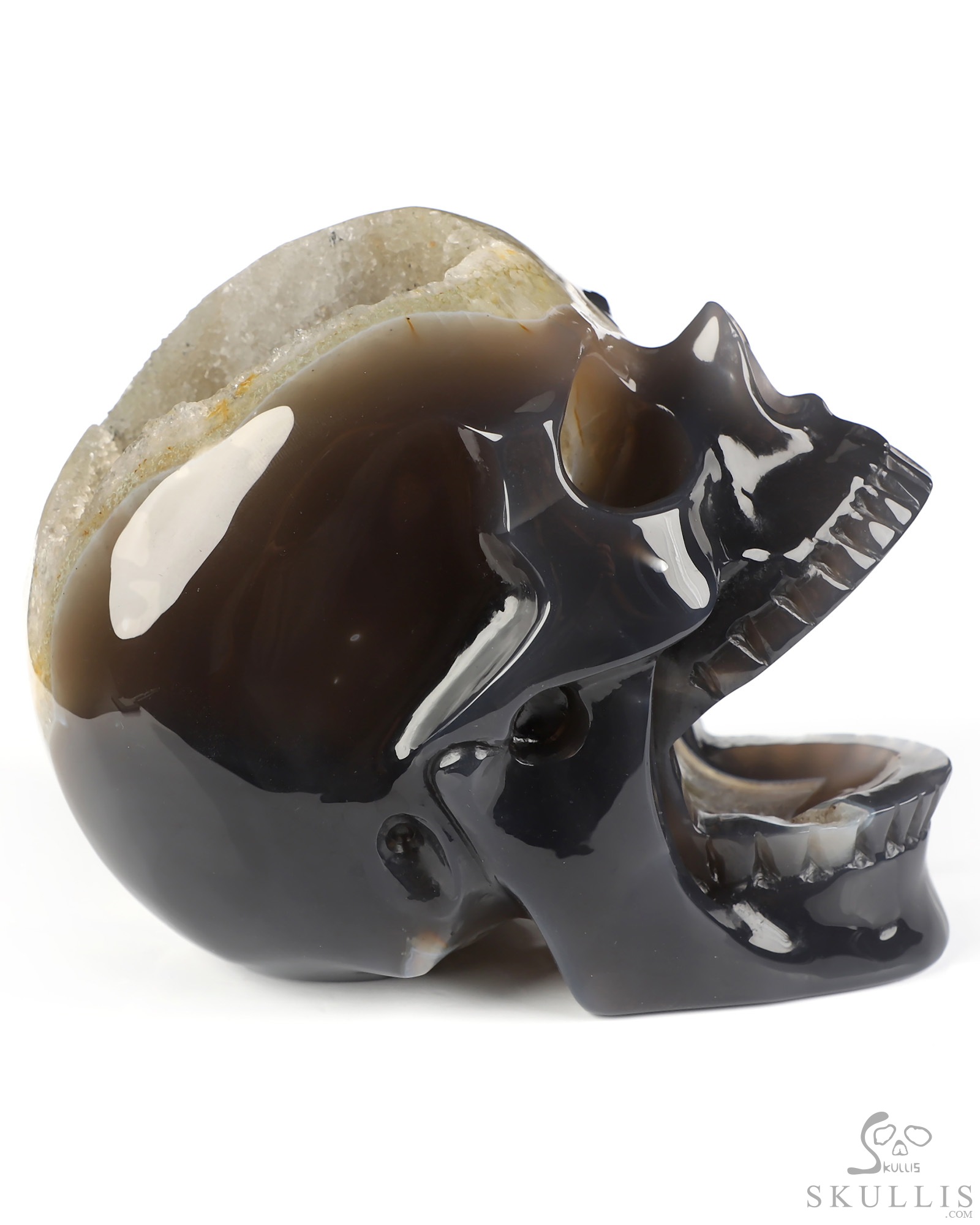 5.2" Agate Geode Hand Carved Laughing Crystal Skull Sculpture, Crystal Healing 5.2" Agate Geode Hand Carved Laughing Crystal Skull Sculpture, Crystal Healing