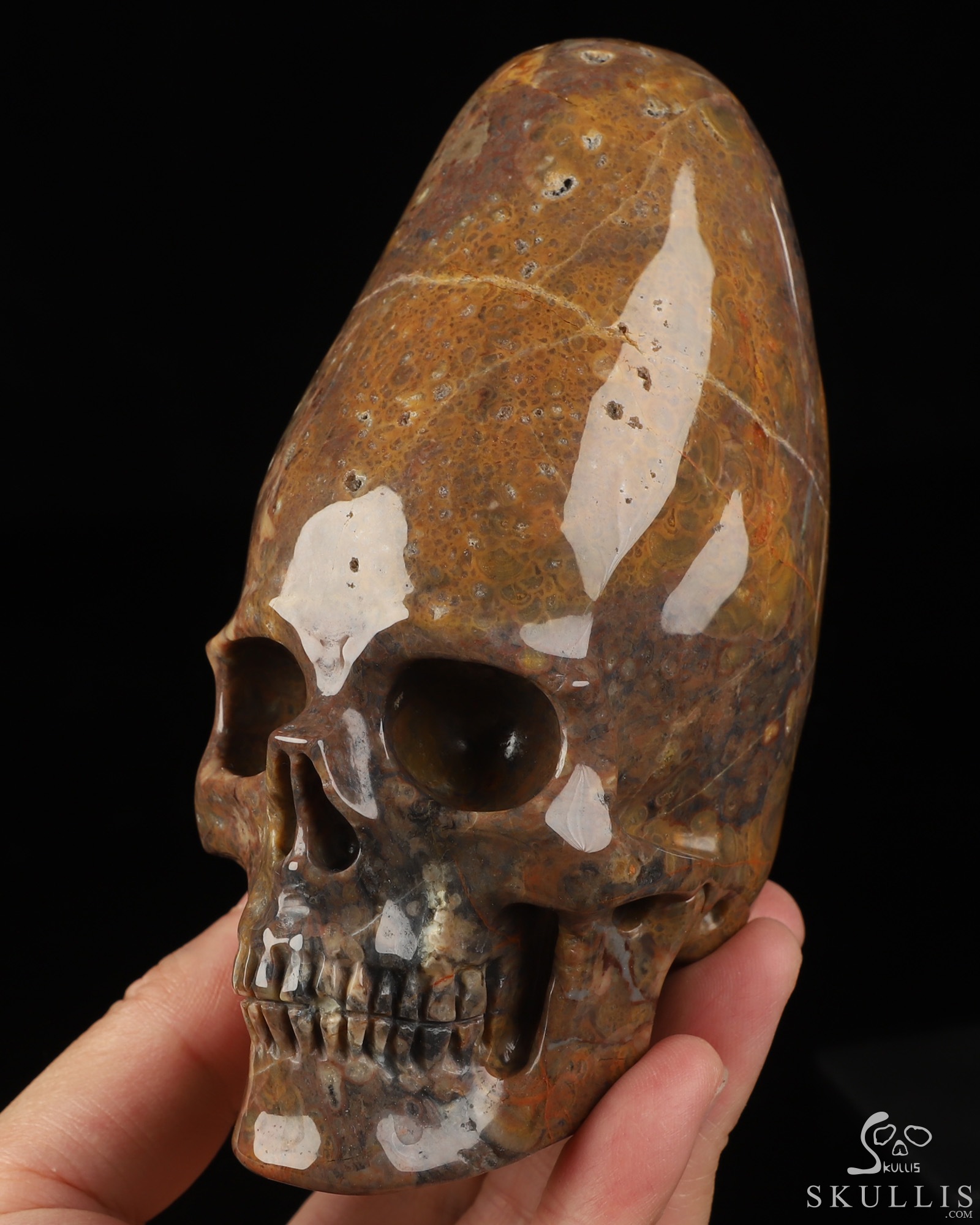5.3" Dinosaur Egg Agate Hand Carved Incan Crystal Skull Sculpture With Stand, Crystal Healing 5.3" Dinosaur Egg Agate Hand Carved Incan Crystal Skull Sculpture With Stand, Crystal Healing