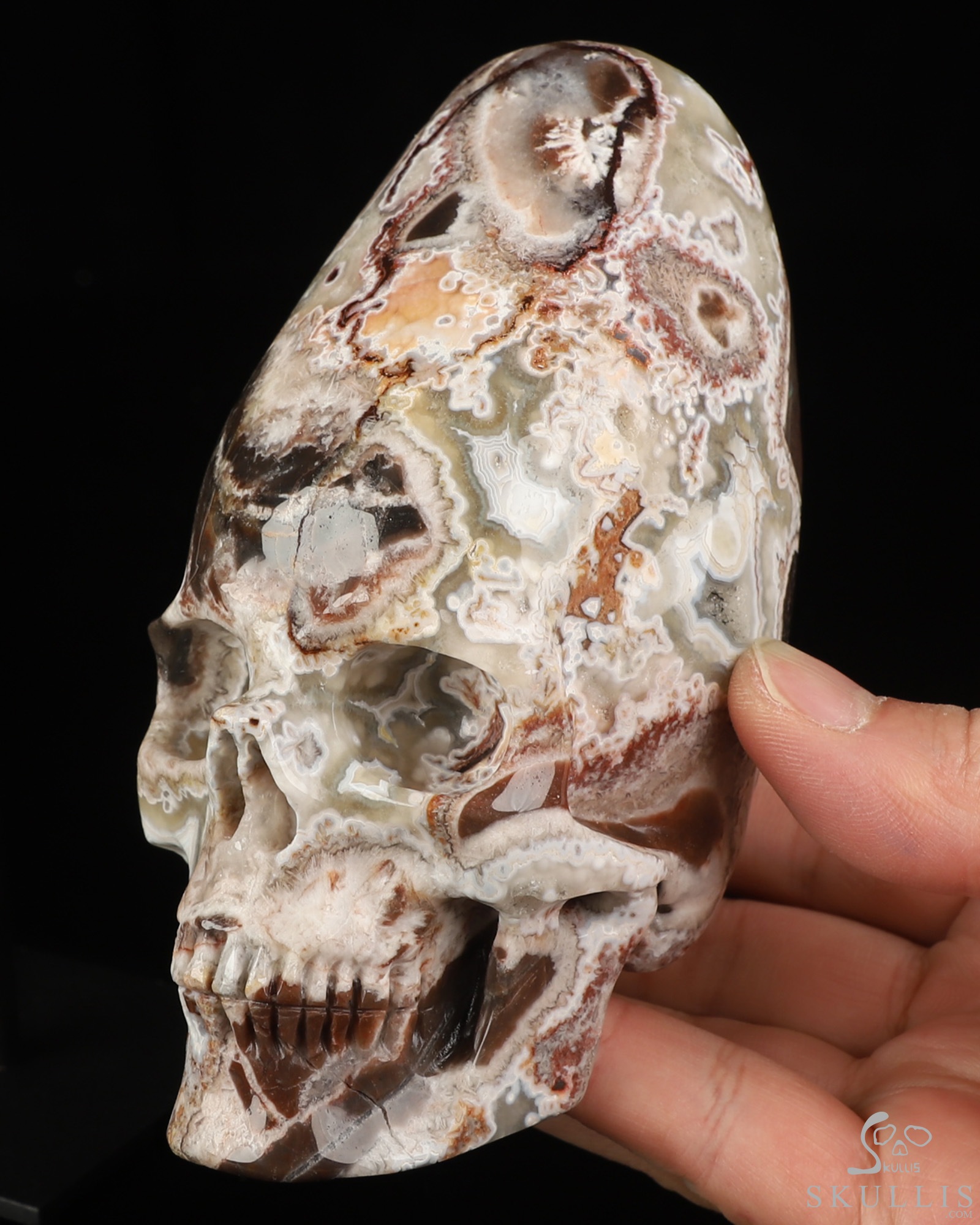 Gemstone 5.3" Red Crazy Lace Agate Hand Carved Incan Crystal Skull Sculpture With Stand, Crystal Healing Gemstone 5.3" Red Crazy Lace Agate Hand Carved Incan Crystal Skull Sculpture With Stand, Crystal Healing