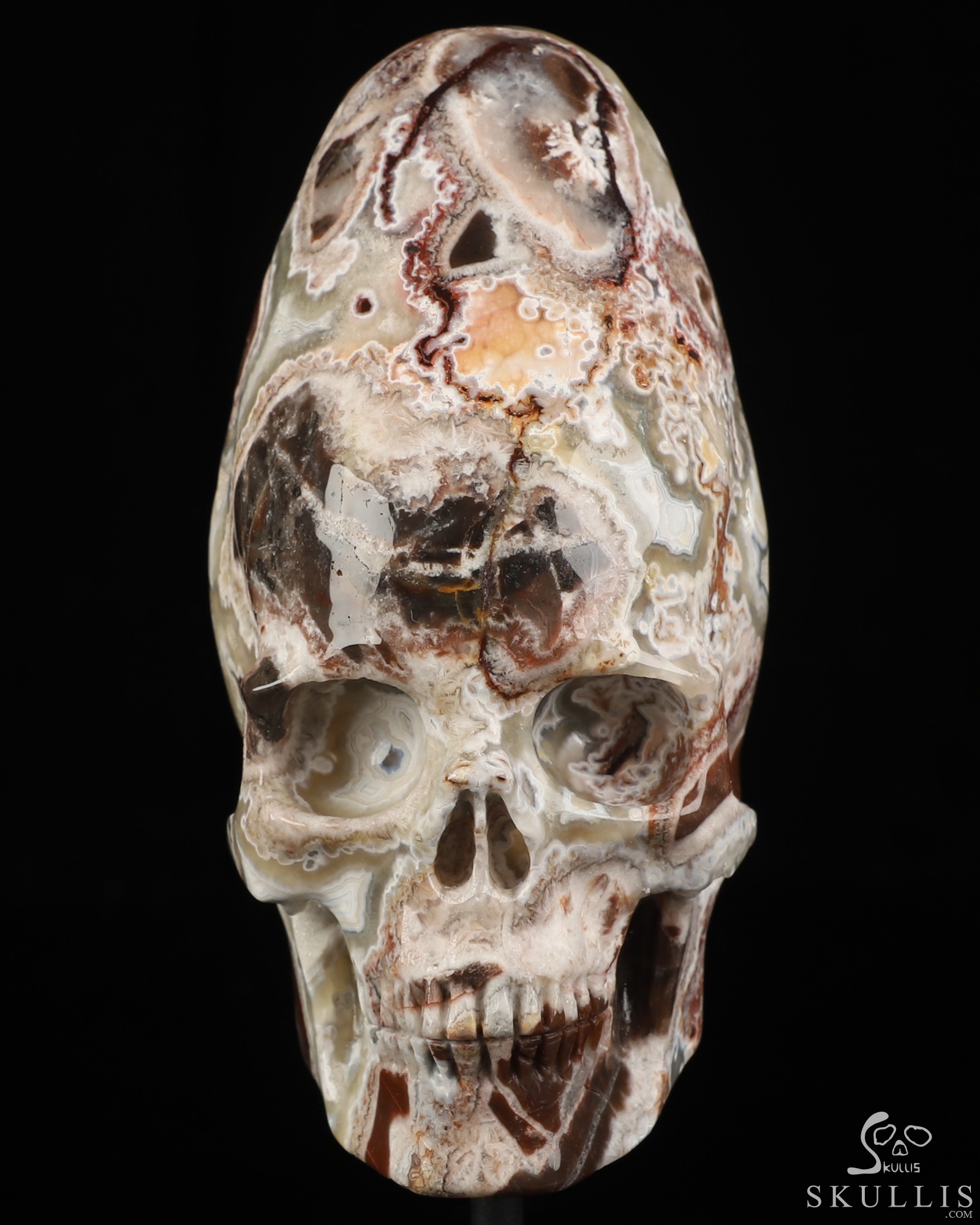 Gemstone 5.3" Red Crazy Lace Agate Hand Carved Incan Crystal Skull Sculpture With Stand, Crystal Healing Gemstone 5.3" Red Crazy Lace Agate Hand Carved Incan Crystal Skull Sculpture With Stand, Crystal Healing