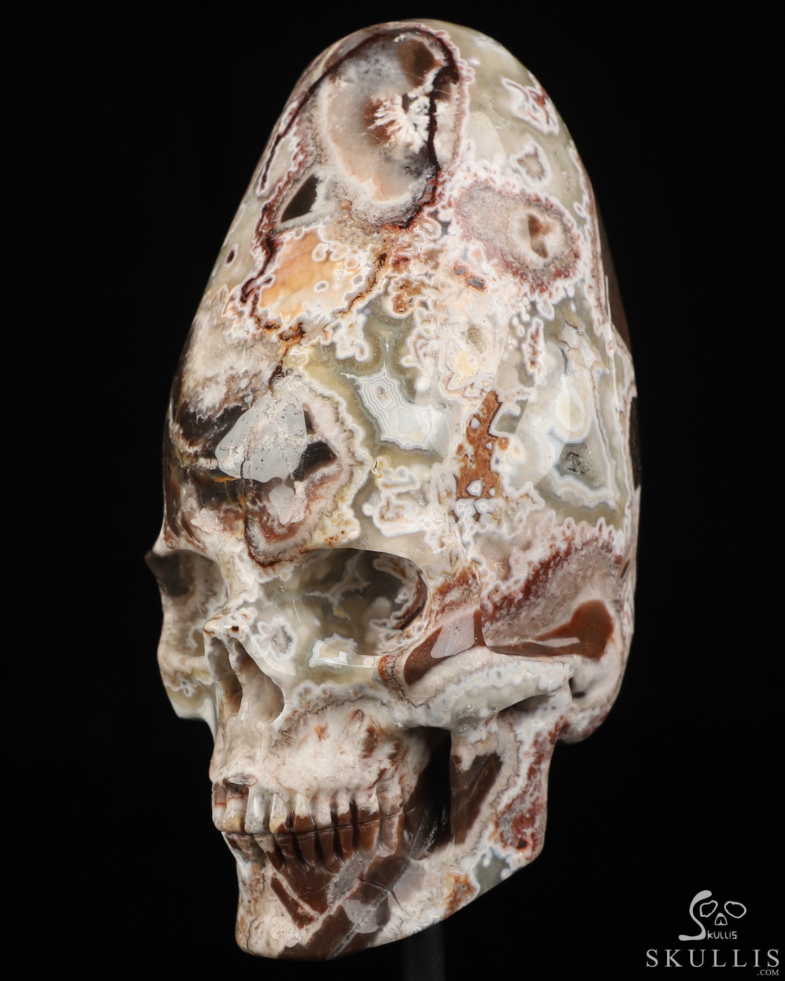 Gemstone 5.3" Red Crazy Lace Agate Hand Carved Incan Crystal Skull Sculpture With Stand, Crystal Healing Gemstone 5.3" Red Crazy Lace Agate Hand Carved Incan Crystal Skull Sculpture With Stand, Crystal Healing