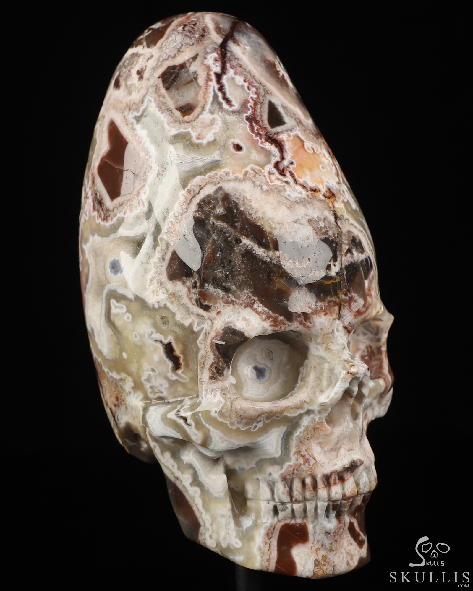 Gemstone 5.3" Red Crazy Lace Agate Hand Carved Incan Crystal Skull Sculpture With Stand, Crystal Healing Gemstone 5.3" Red Crazy Lace Agate Hand Carved Incan Crystal Skull Sculpture With Stand, Crystal Healing