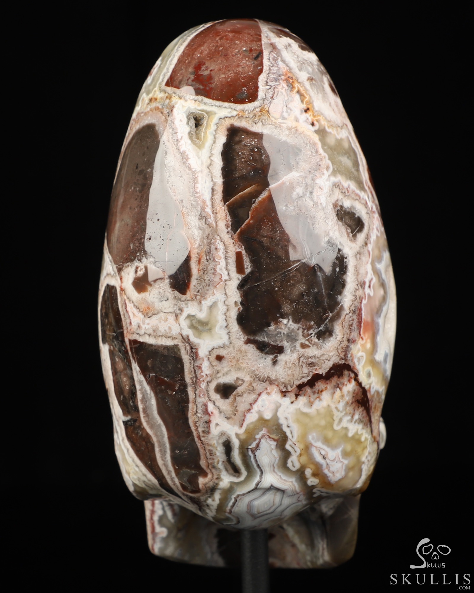 Gemstone 5.3" Red Crazy Lace Agate Hand Carved Incan Crystal Skull Sculpture With Stand, Crystal Healing Gemstone 5.3" Red Crazy Lace Agate Hand Carved Incan Crystal Skull Sculpture With Stand, Crystal Healing