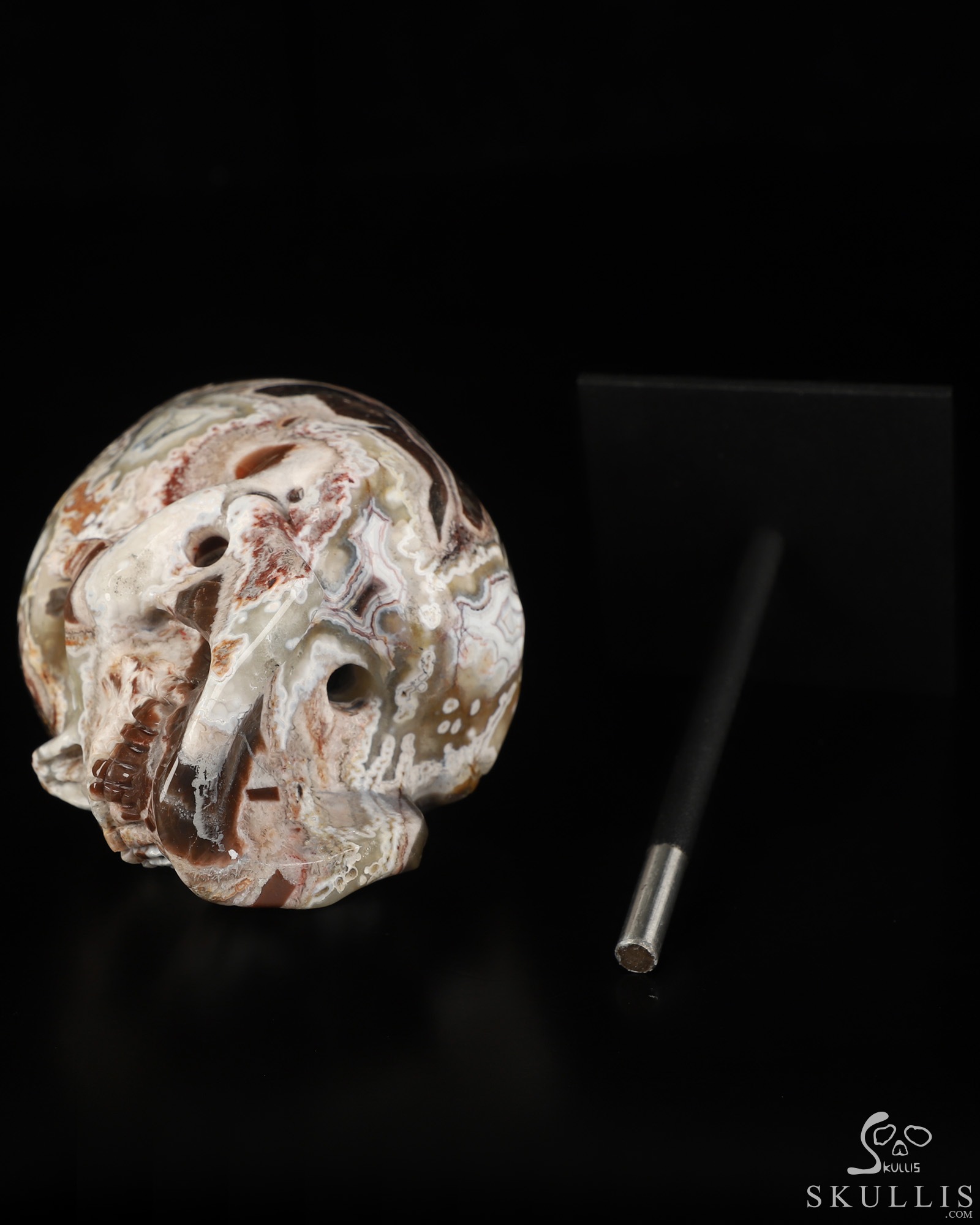 Gemstone 5.3" Red Crazy Lace Agate Hand Carved Incan Crystal Skull Sculpture With Stand, Crystal Healing Gemstone 5.3" Red Crazy Lace Agate Hand Carved Incan Crystal Skull Sculpture With Stand, Crystal Healing