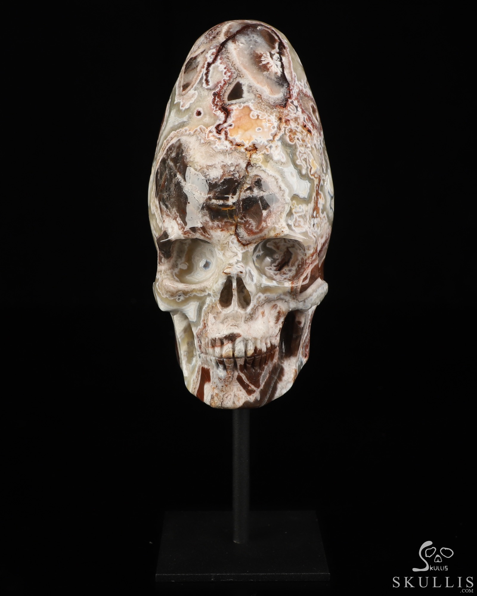 Gemstone 5.3" Red Crazy Lace Agate Hand Carved Incan Crystal Skull Sculpture With Stand, Crystal Healing Gemstone 5.3" Red Crazy Lace Agate Hand Carved Incan Crystal Skull Sculpture With Stand, Crystal Healing