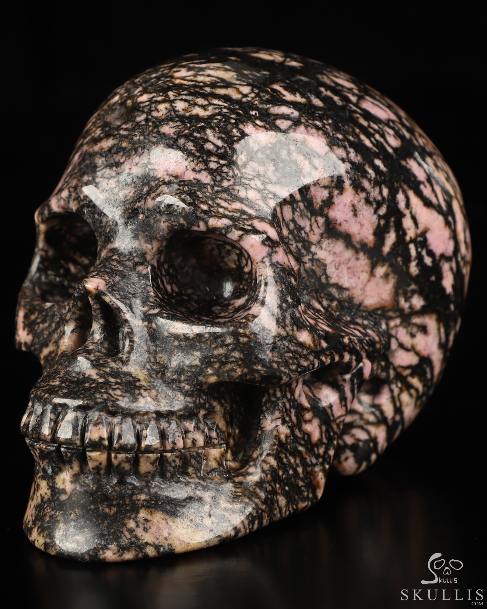 3.9" Pink & Black Rhodonite Hand Carved Crystal Skull, Realistic, Crystal Healing 3.9" Pink & Black Rhodonite Hand Carved Crystal Skull, Realistic, Crystal Healing