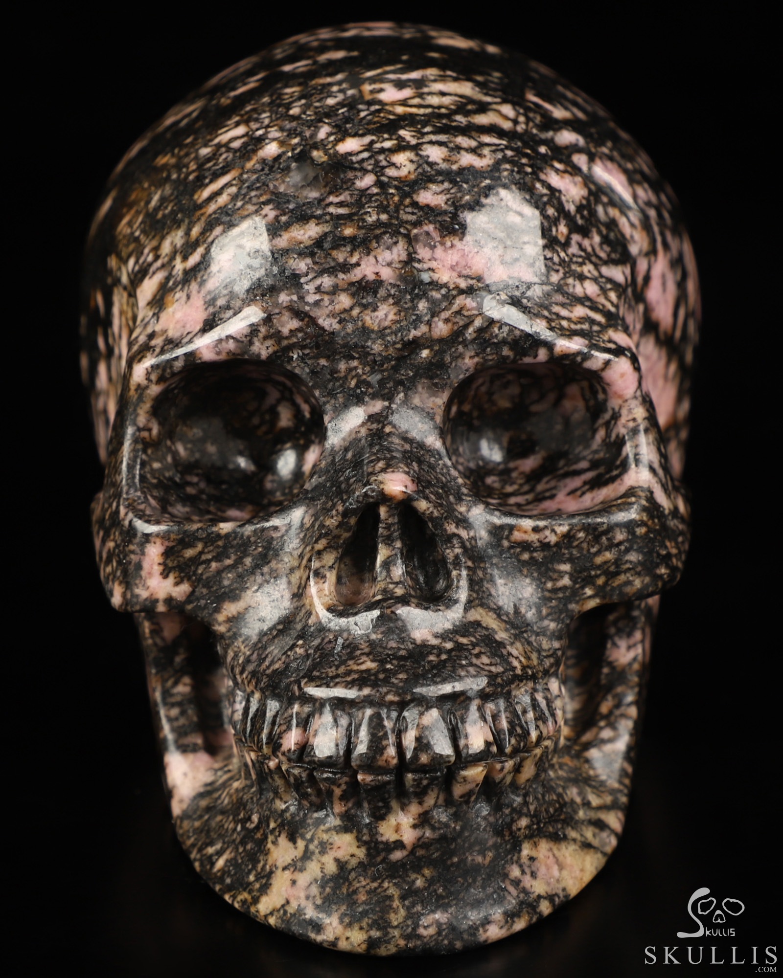 3.9" Pink & Black Rhodonite Hand Carved Crystal Skull, Realistic, Crystal Healing 3.9" Pink & Black Rhodonite Hand Carved Crystal Skull, Realistic, Crystal Healing