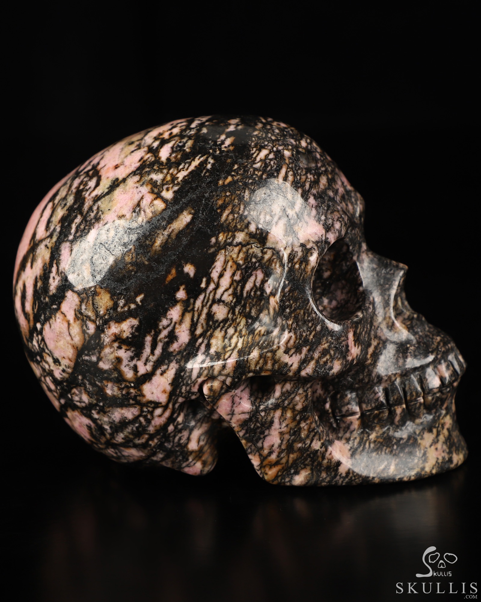 3.9" Pink & Black Rhodonite Hand Carved Crystal Skull, Realistic, Crystal Healing 3.9" Pink & Black Rhodonite Hand Carved Crystal Skull, Realistic, Crystal Healing