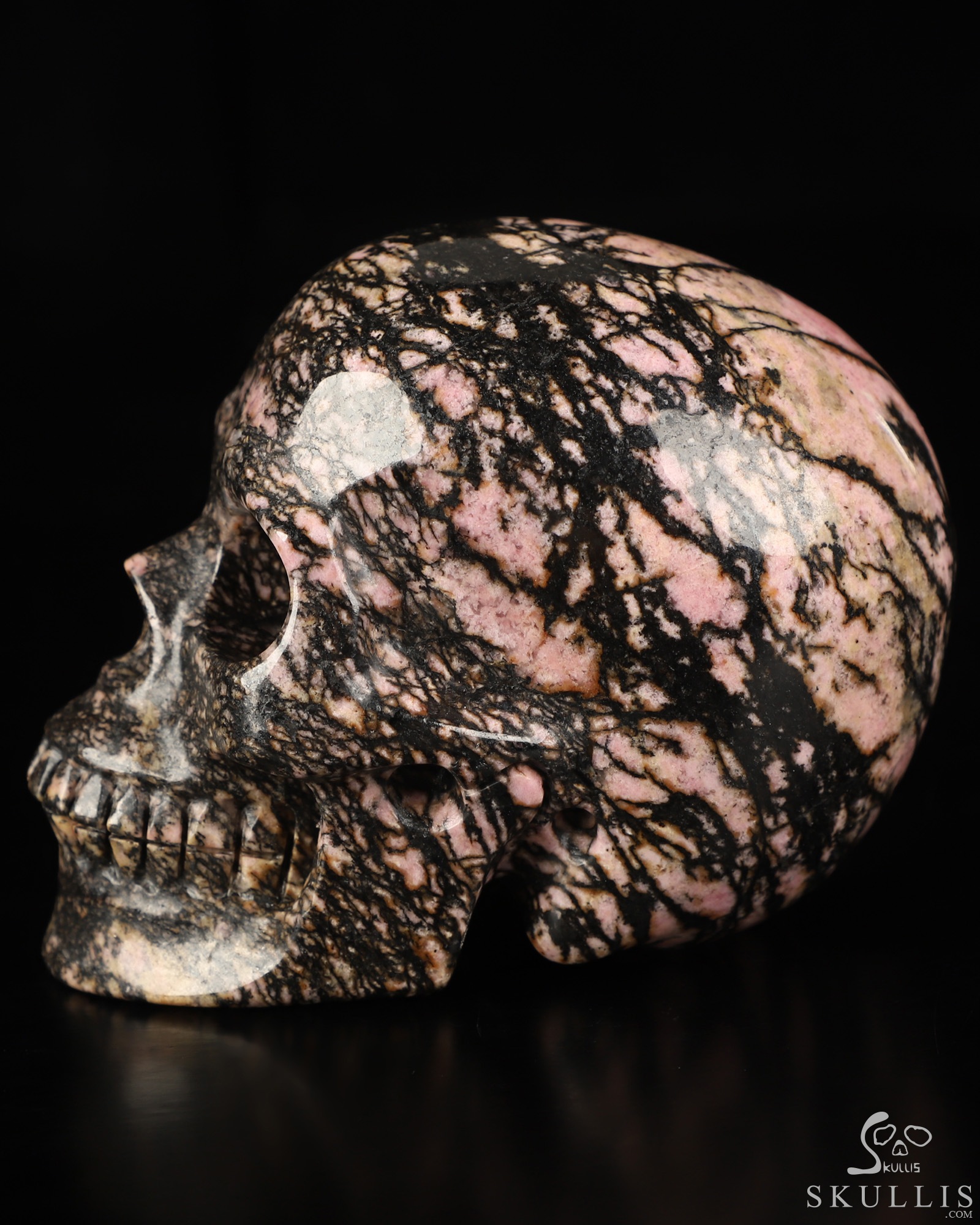 3.9" Pink & Black Rhodonite Hand Carved Crystal Skull, Realistic, Crystal Healing 3.9" Pink & Black Rhodonite Hand Carved Crystal Skull, Realistic, Crystal Healing