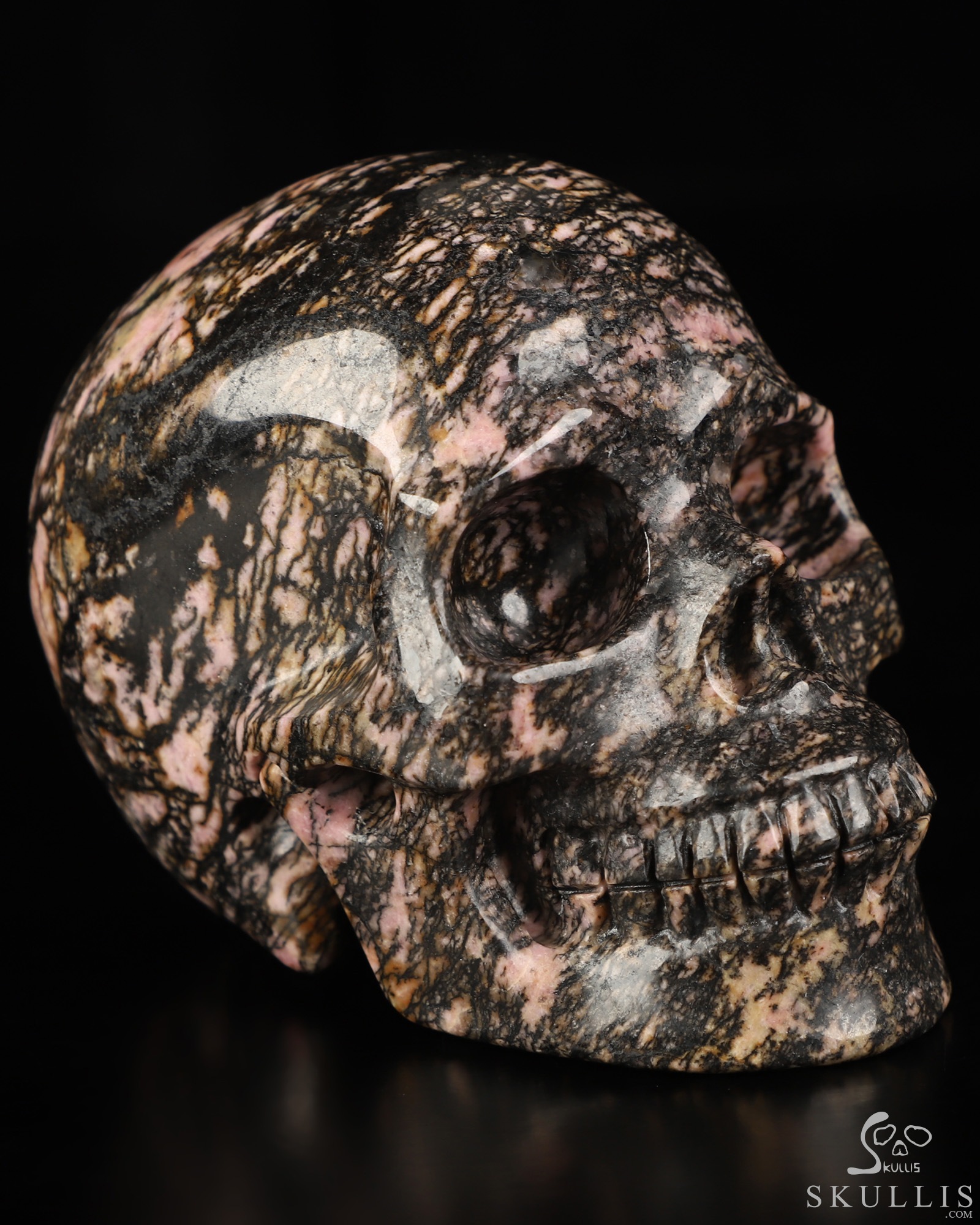 3.9" Pink & Black Rhodonite Hand Carved Crystal Skull, Realistic, Crystal Healing 3.9" Pink & Black Rhodonite Hand Carved Crystal Skull, Realistic, Crystal Healing