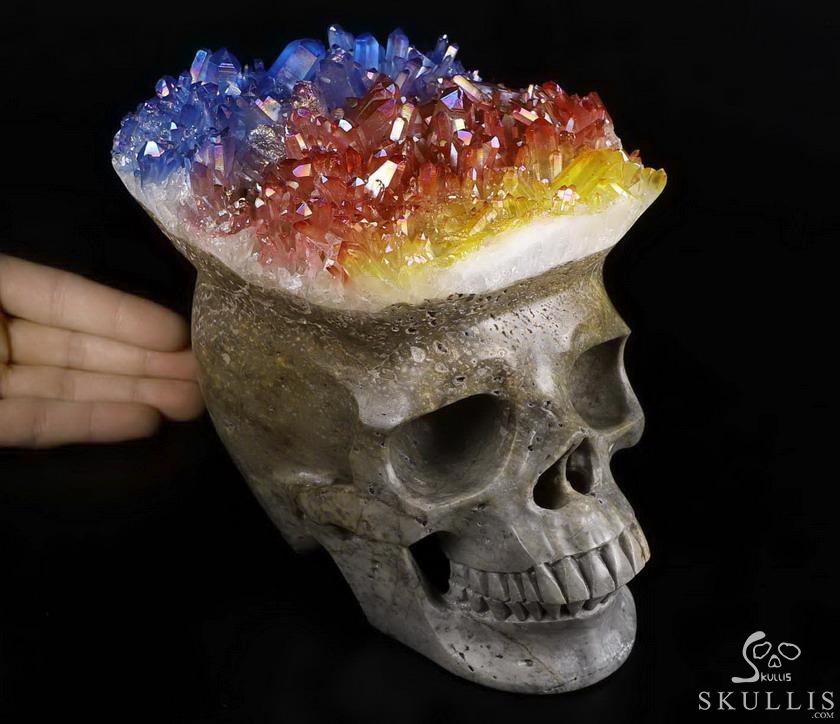 Lifesized 7.1" Rainbow Aura Quartz Druse Carved Crystal Skull, Super Realistic, Crystal Healing Lifesized 7.1" Rainbow Aura Quartz Druse Carved Crystal Skull, Super Realistic, Crystal Healing