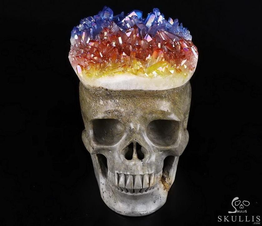 Lifesized 7.1" Rainbow Aura Quartz Druse Carved Crystal Skull, Super Realistic, Crystal Healing Lifesized 7.1" Rainbow Aura Quartz Druse Carved Crystal Skull, Super Realistic, Crystal Healing