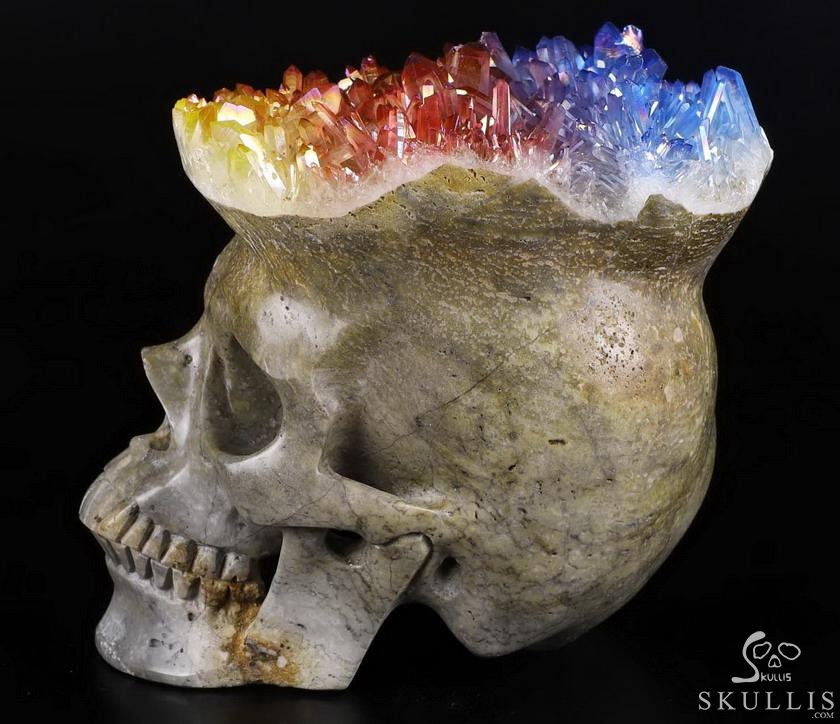 Lifesized 7.1" Rainbow Aura Quartz Druse Carved Crystal Skull, Super Realistic, Crystal Healing Lifesized 7.1" Rainbow Aura Quartz Druse Carved Crystal Skull, Super Realistic, Crystal Healing