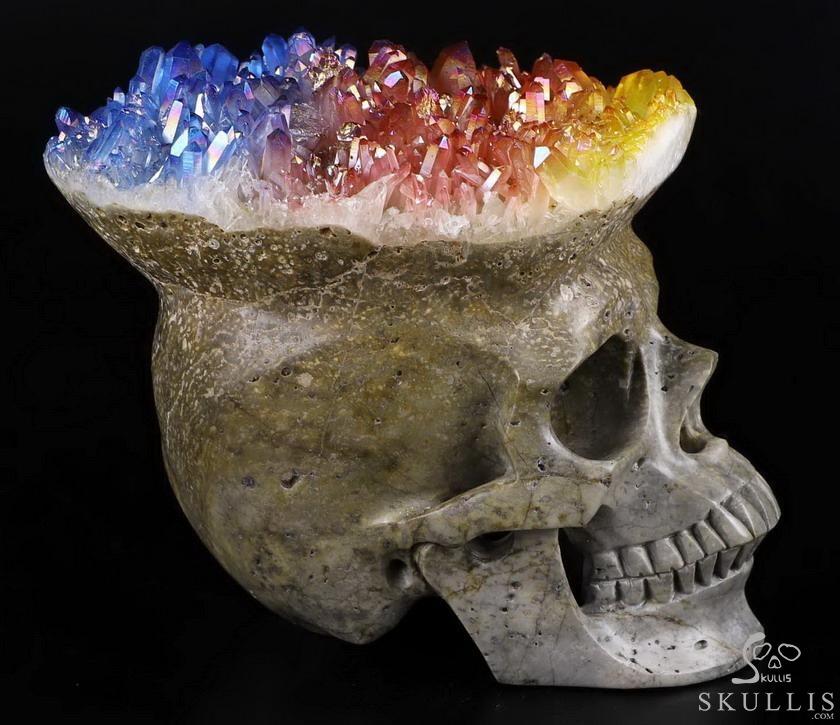 Lifesized 7.1" Rainbow Aura Quartz Druse Carved Crystal Skull, Super Realistic, Crystal Healing Lifesized 7.1" Rainbow Aura Quartz Druse Carved Crystal Skull, Super Realistic, Crystal Healing