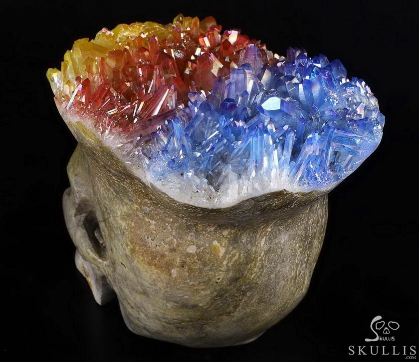 Lifesized 7.1" Rainbow Aura Quartz Druse Carved Crystal Skull, Super Realistic, Crystal Healing Lifesized 7.1" Rainbow Aura Quartz Druse Carved Crystal Skull, Super Realistic, Crystal Healing