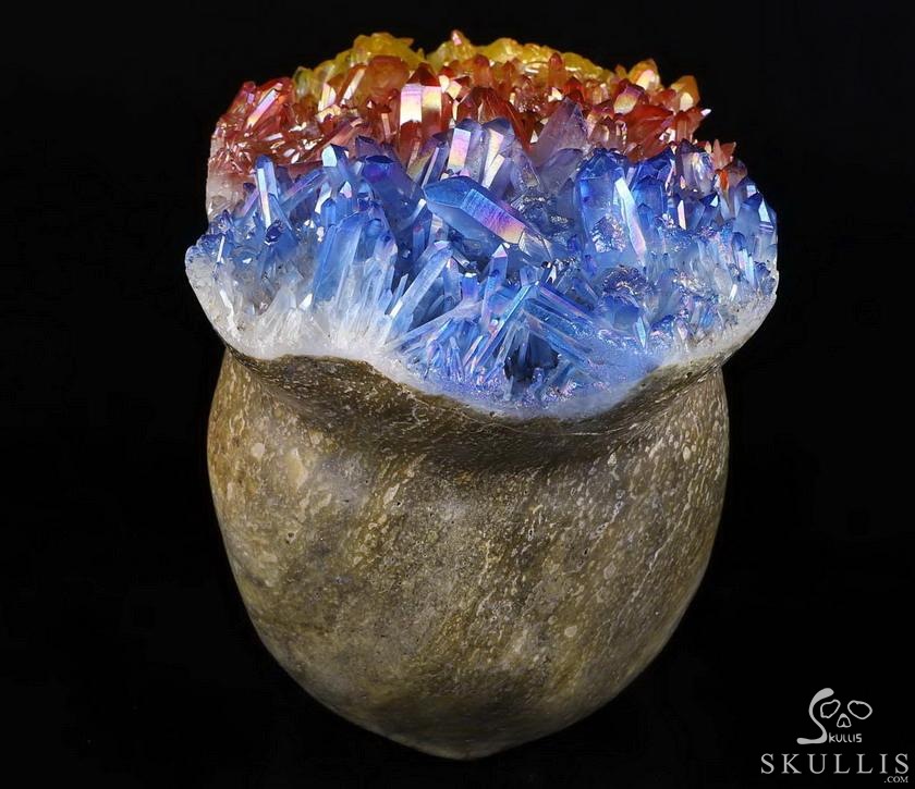 Lifesized 7.1" Rainbow Aura Quartz Druse Carved Crystal Skull, Super Realistic, Crystal Healing Lifesized 7.1" Rainbow Aura Quartz Druse Carved Crystal Skull, Super Realistic, Crystal Healing