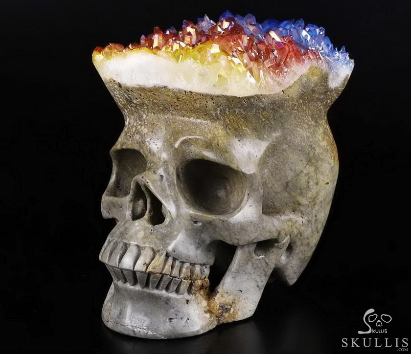 Lifesized 7.1" Rainbow Aura Quartz Druse Carved Crystal Skull, Super Realistic, Crystal Healing Lifesized 7.1" Rainbow Aura Quartz Druse Carved Crystal Skull, Super Realistic, Crystal Healing