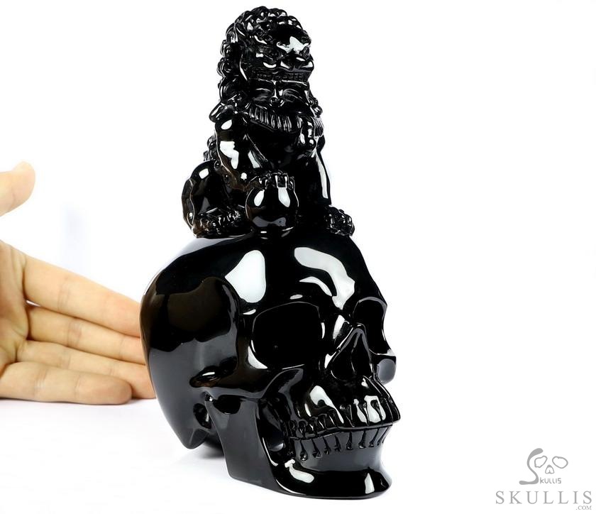 6.8" Black Obsidian Carved Crystal Skull With Lion, Crystal Healing 6.8" Black Obsidian Carved Crystal Skull With Lion, Crystal Healing